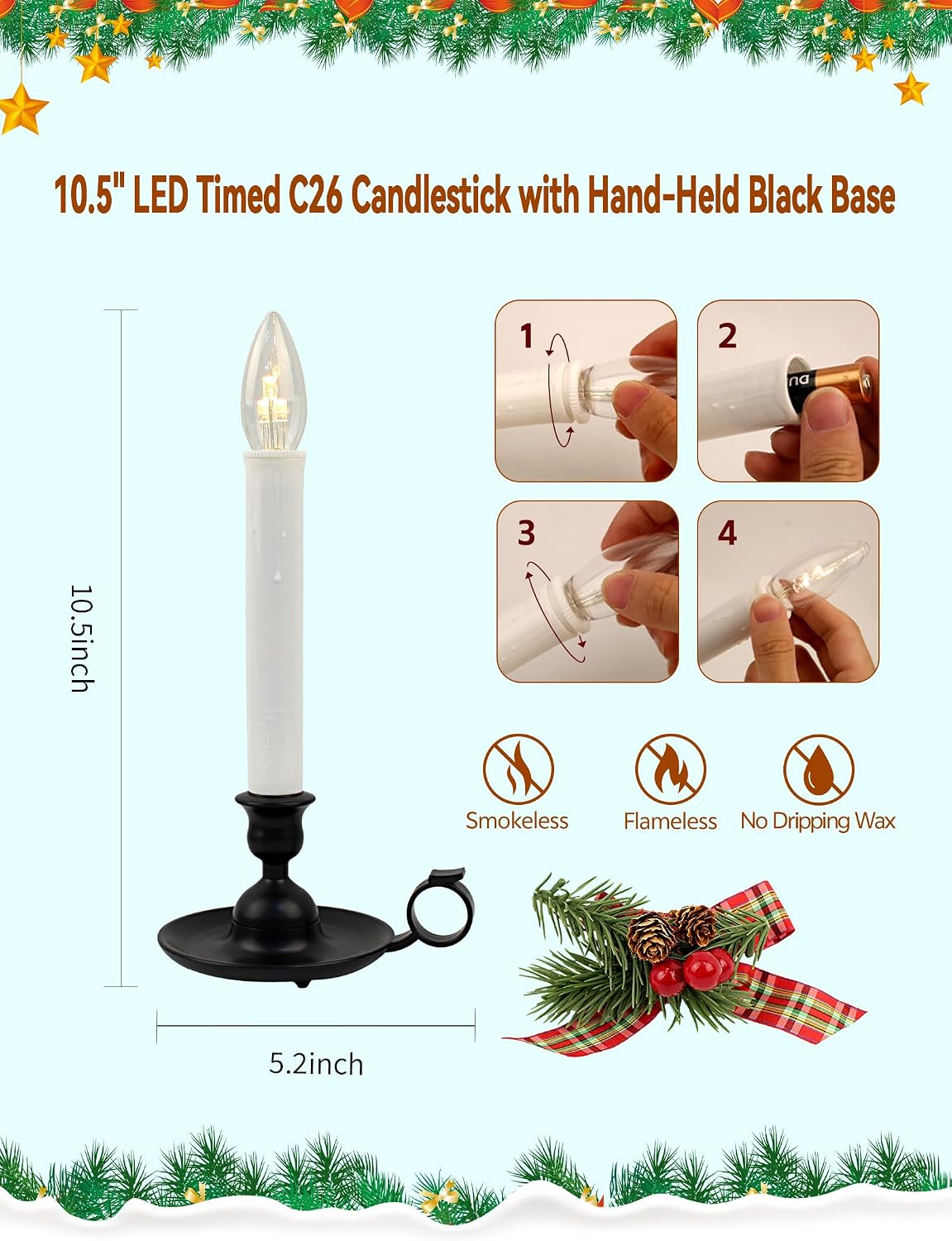 4PK Christmtas Window Candle Light, 10" LED Antique Black Candlestick