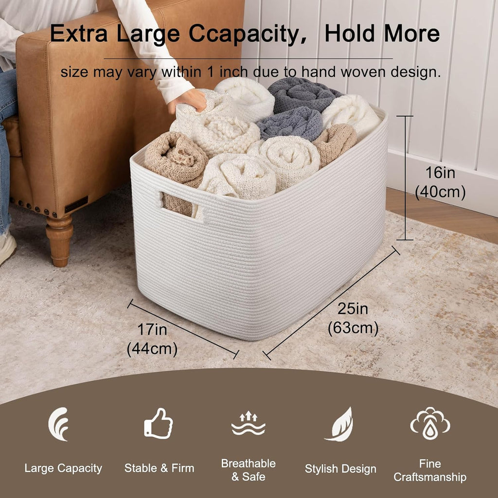 OIAHOMY 118L XXXLarge Rope Storage Basket, Oversized Blanket Basket White