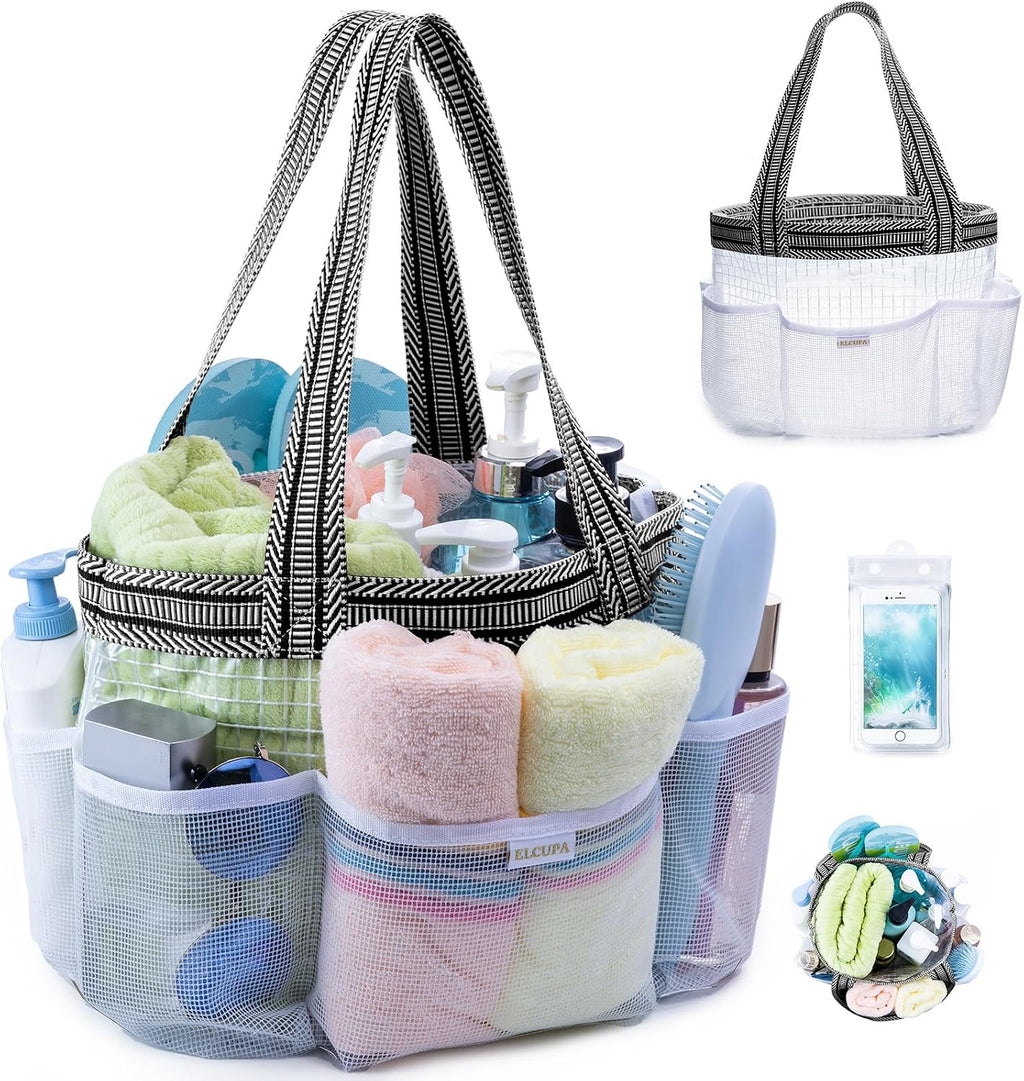 Mesh Shower Caddy Portable for College Dorm Room Essentials with Waterproof Phone Pouch, Shower Bag with Reinforced Bottom for Beach,Camping, Swimming,Gym, Quick Dry Toiletry Bag with 6 Pockets