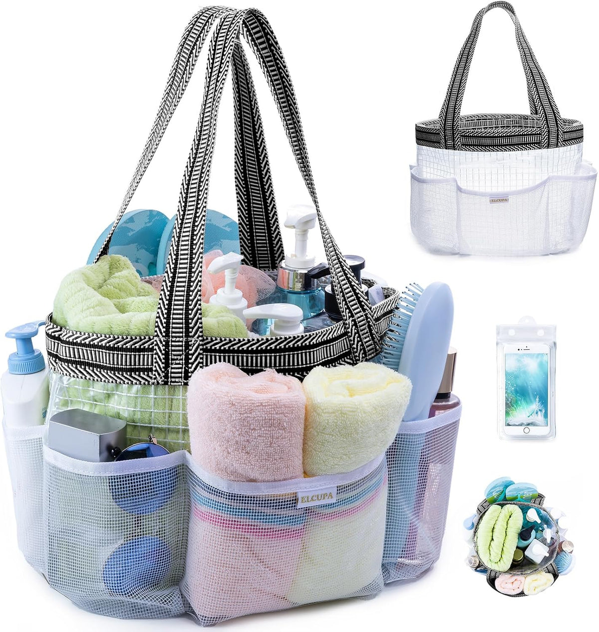 Mesh Shower Caddy Portable for College Dorm Room Essentials with Waterproof Phone Pouch, Shower Bag with Reinforced Bottom for Beach,Camping, Swimming,Gym, Quick Dry Toiletry Bag with 6 Pockets