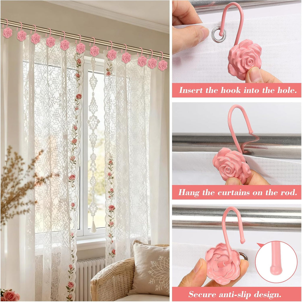 Metal Rose Shower Curtain Hooks, Rust-Resistant Hooks for Shower Curtain Rods, Set of 12, Beautiful Floral Rose Design Bathroom Decoration Hooks (Pink)