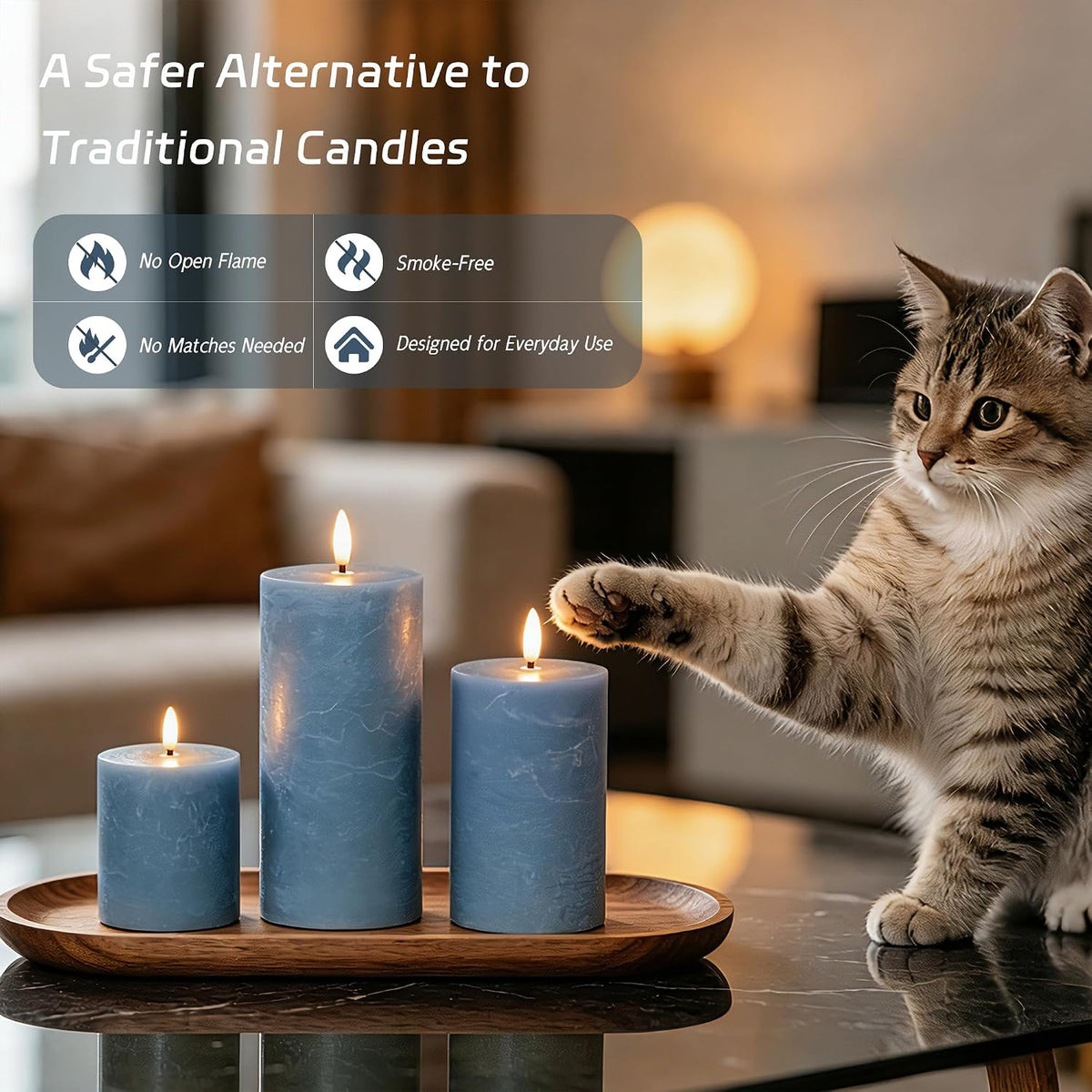 Dusty Blue Flameless Candles with Remote Timer, Battery Operated, Set of 3