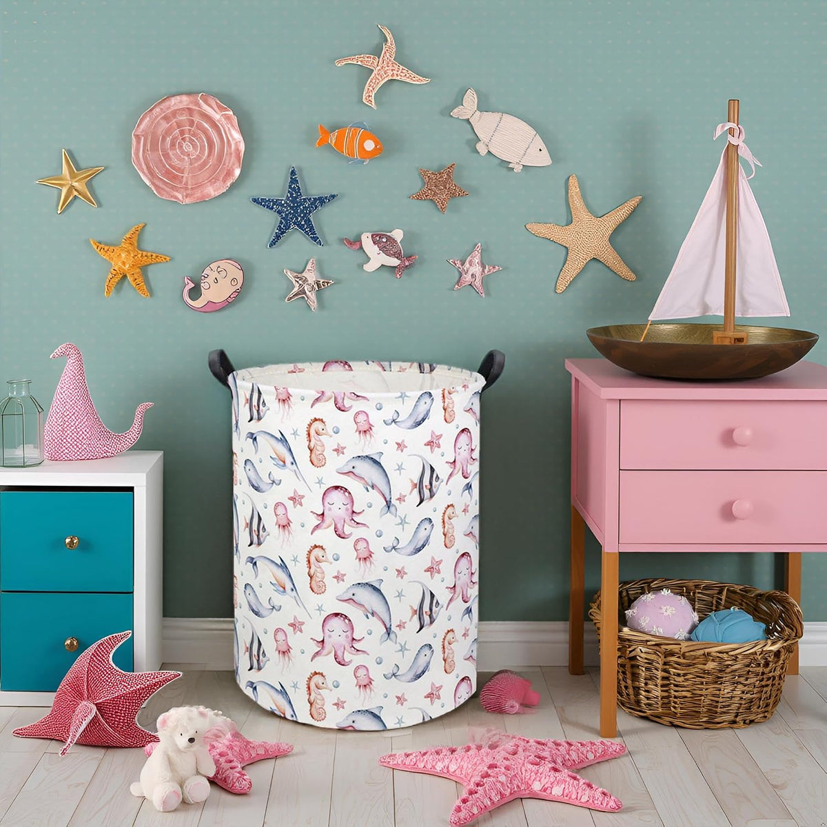 Baby Laundry Basket Baby Hamper for Nursery Girl Kids Ocean Hamper Cute Storage Bin Organizer Pink Room Decor for Home(Pink Ocean)