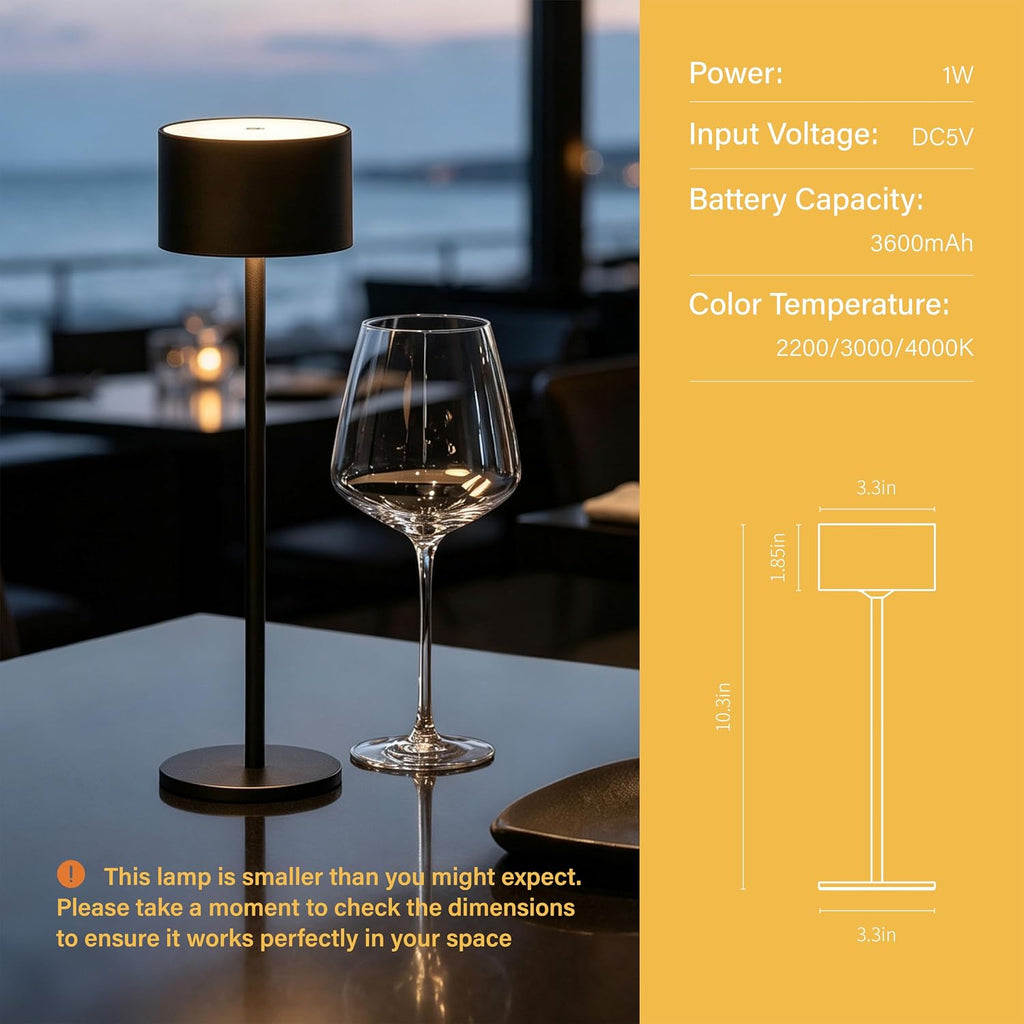 Set of 2 Cordless Table Lamps, 10.3" High Black Rechargeable Small Lamps