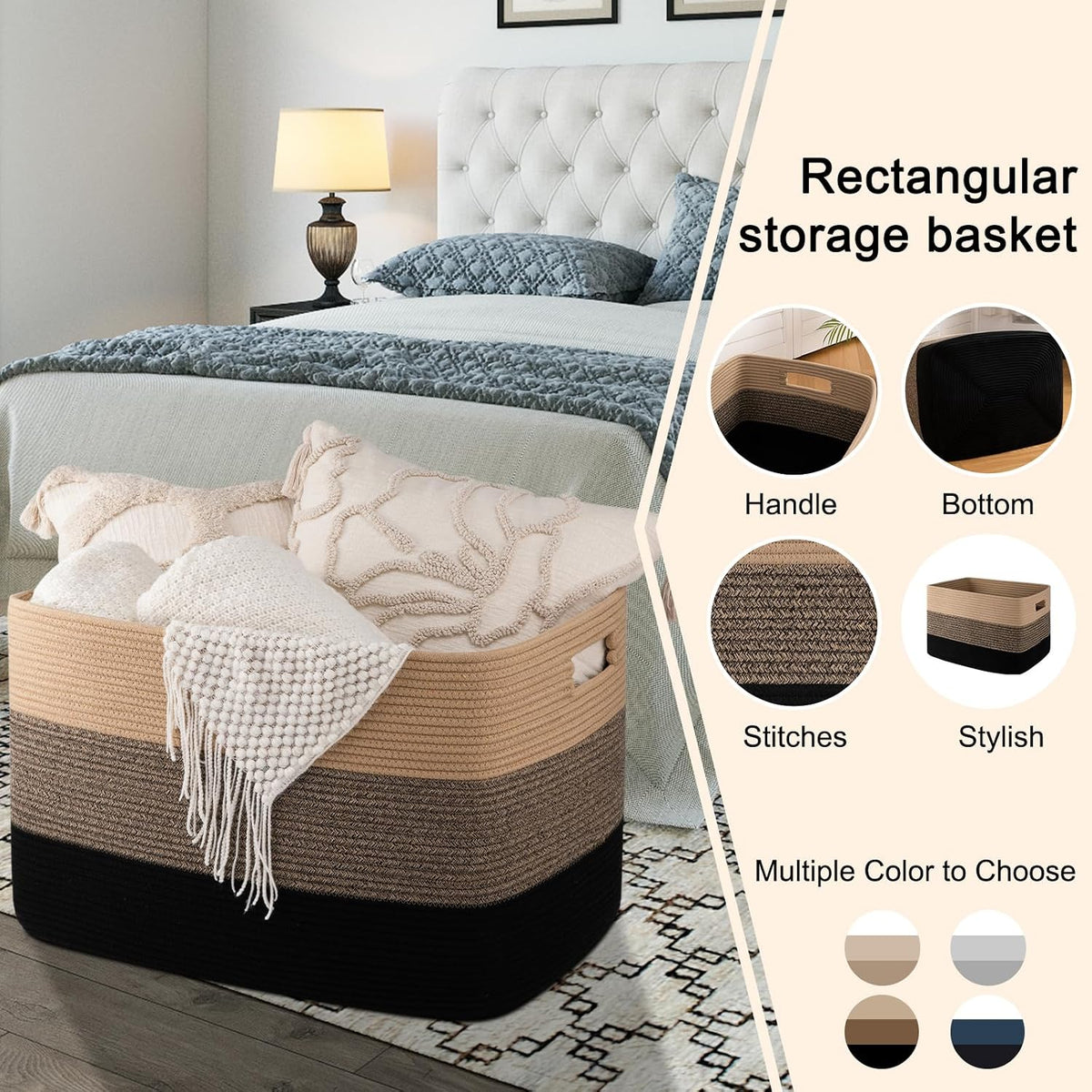 OIAHOMY 118L Extra Large Blanket Basket Cotton Rope Storage Basket Black