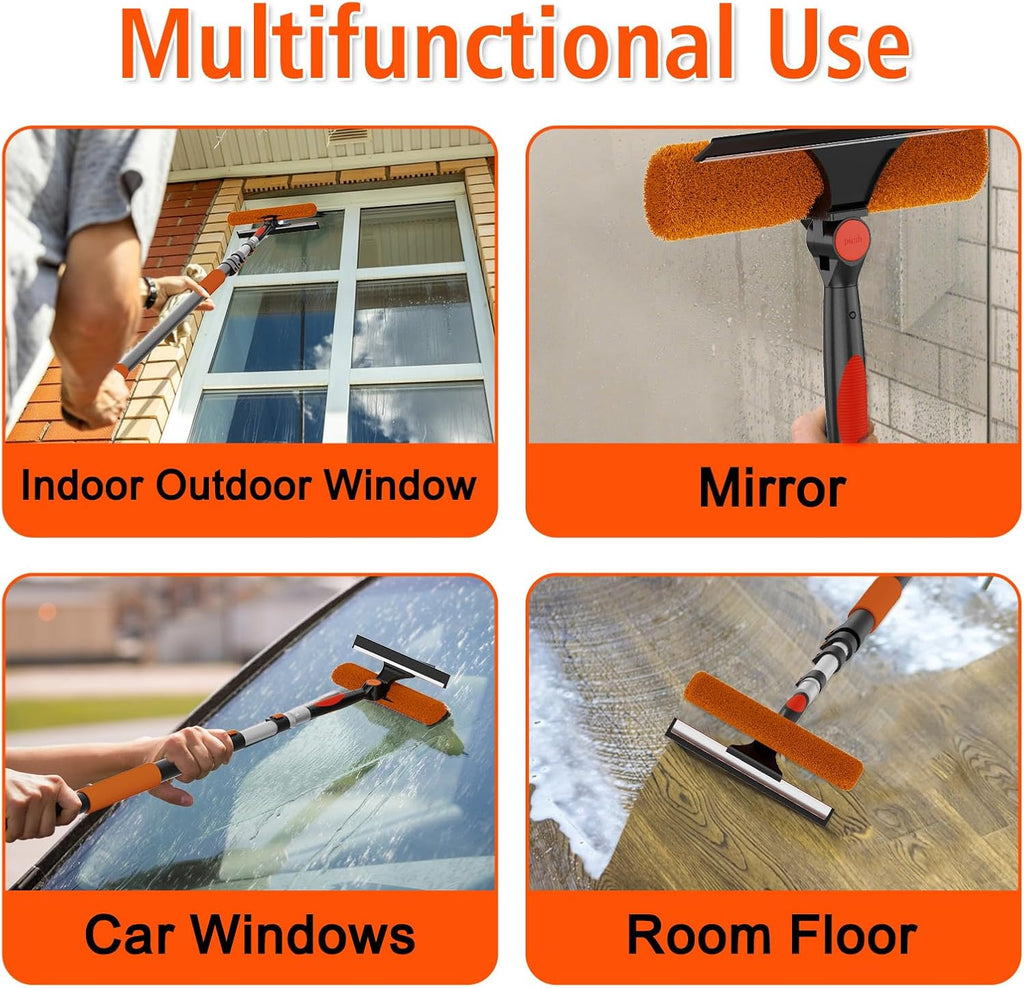 16FT Reach Window Squeegee Kit with Extension Pole, 2-in-1 Professional Washer for High Windows, 3-12FT Adjustable Reach, Rotatable Head for Indoor & Outdoor Use, Streak-Free Cleaning Tool for Home