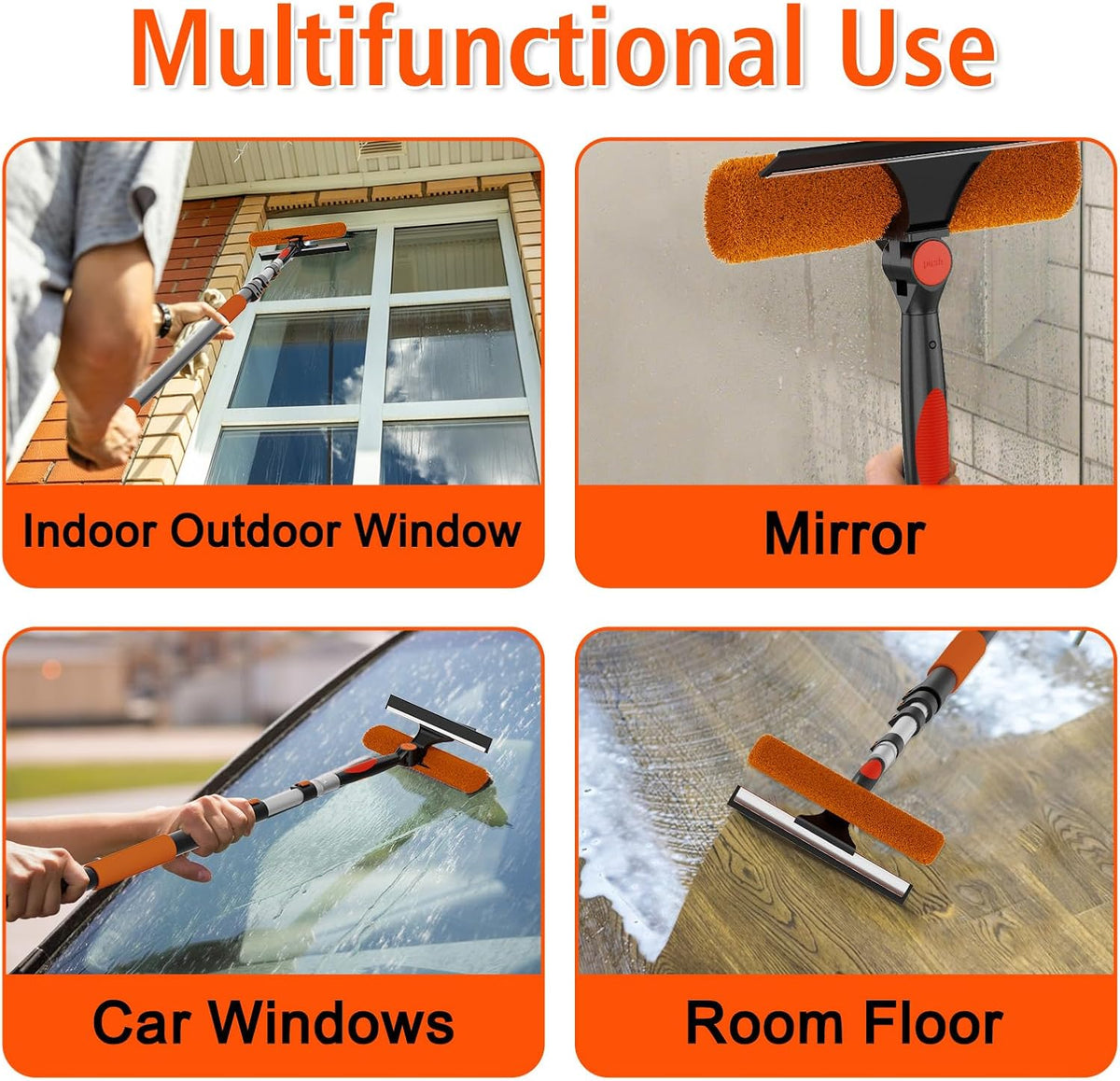 16FT Reach Window Squeegee Kit with Extension Pole, 2-in-1 Professional Washer for High Windows, 3-12FT Adjustable Reach, Rotatable Head for Indoor & Outdoor Use, Streak-Free Cleaning Tool for Home