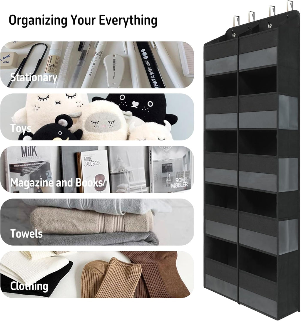 Black Over Door Organizer with 10 Large Front Pockets and 6 Side Mesh Pockets, Double-Row Hanging Door Storage for Closet, Bathroom, Nursery, Bedroom, Dorm, Toys, Cosmetics, Baby Essentials