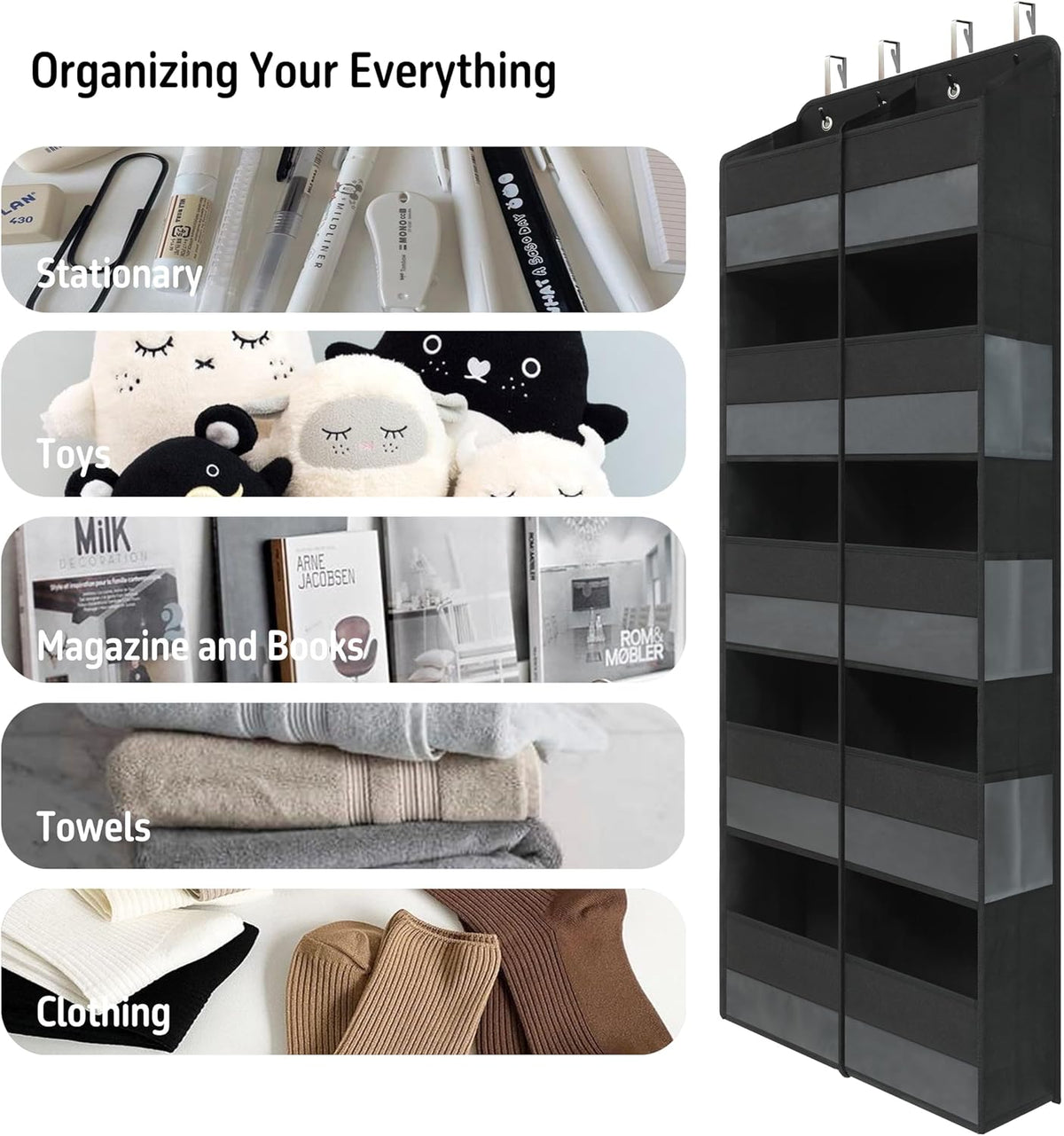 Black Over Door Organizer with 10 Large Front Pockets and 6 Side Mesh Pockets, Double-Row Hanging Door Storage for Closet, Bathroom, Nursery, Bedroom, Dorm, Toys, Cosmetics, Baby Essentials