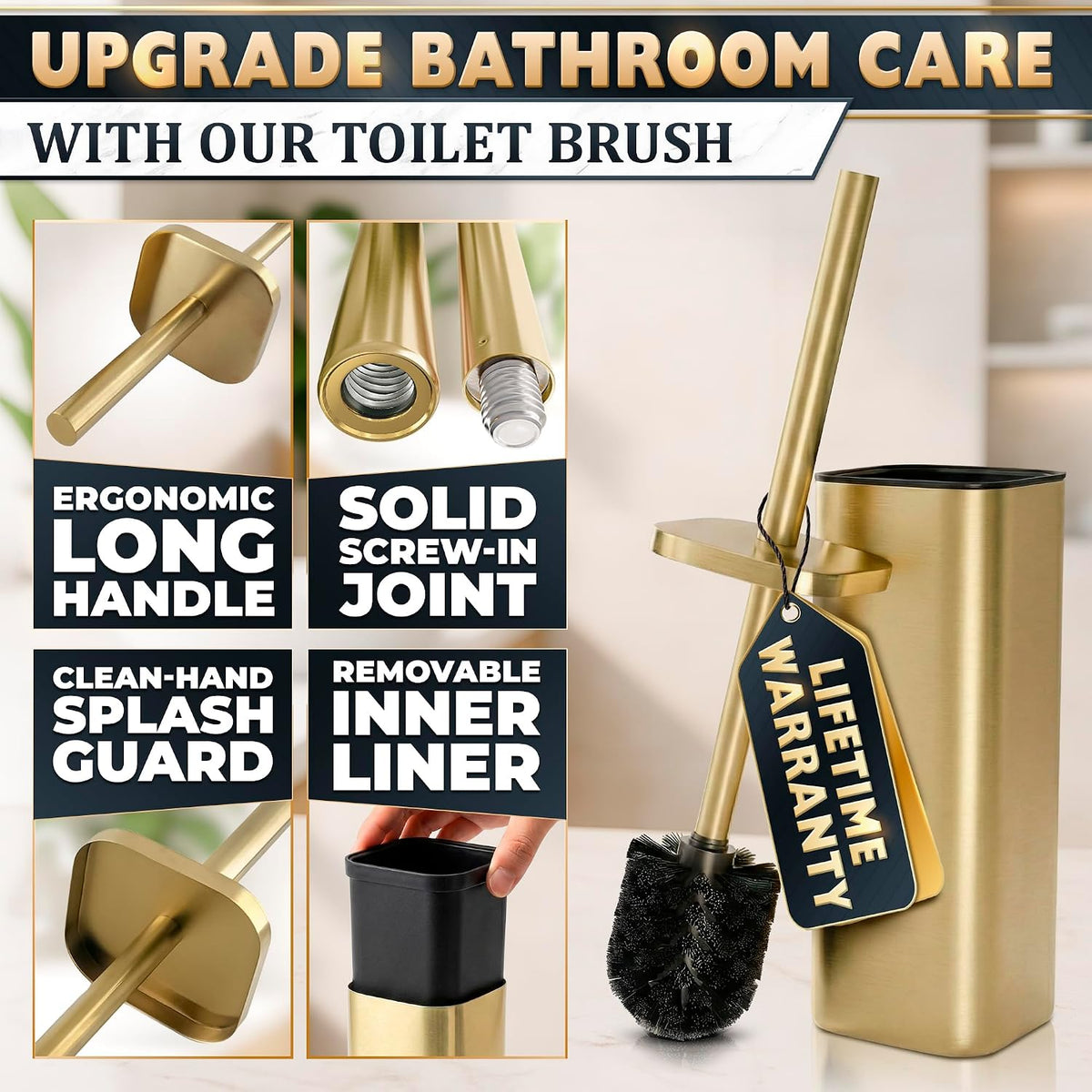 Gold Toilet Brush and Holder Set, Detachable Long Handle (Square)
