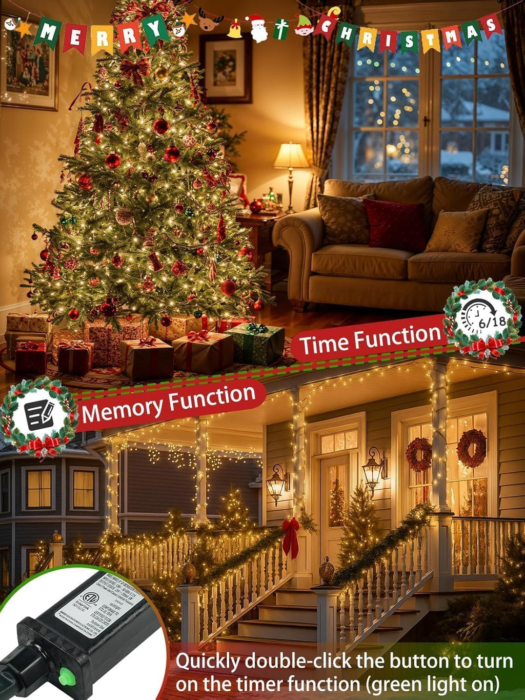 2 Pack 600 LED Christmas Lights 13 Modes Extendable Christmas Tree Lights