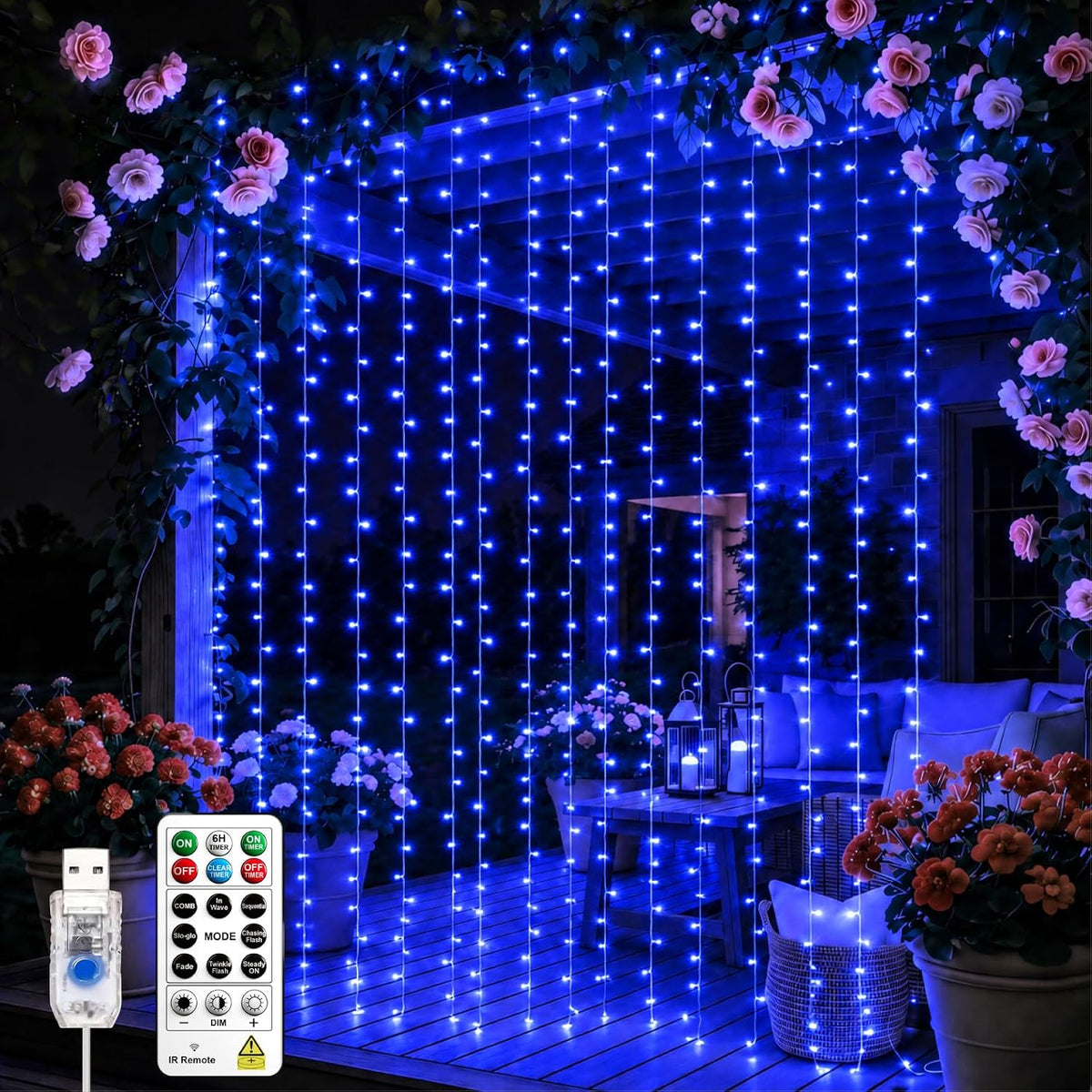 Curtain String Light, 200LED 6.6x6.6ft, Remote & 8 Modes, USB