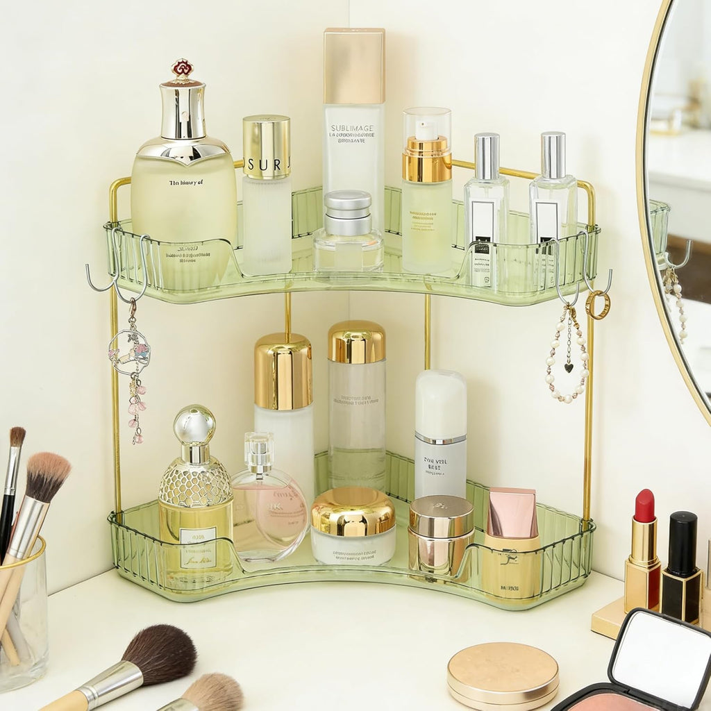 2-Tier Corner Bathroom Organizer Countertop with Hooks, for Makeup, Perfume