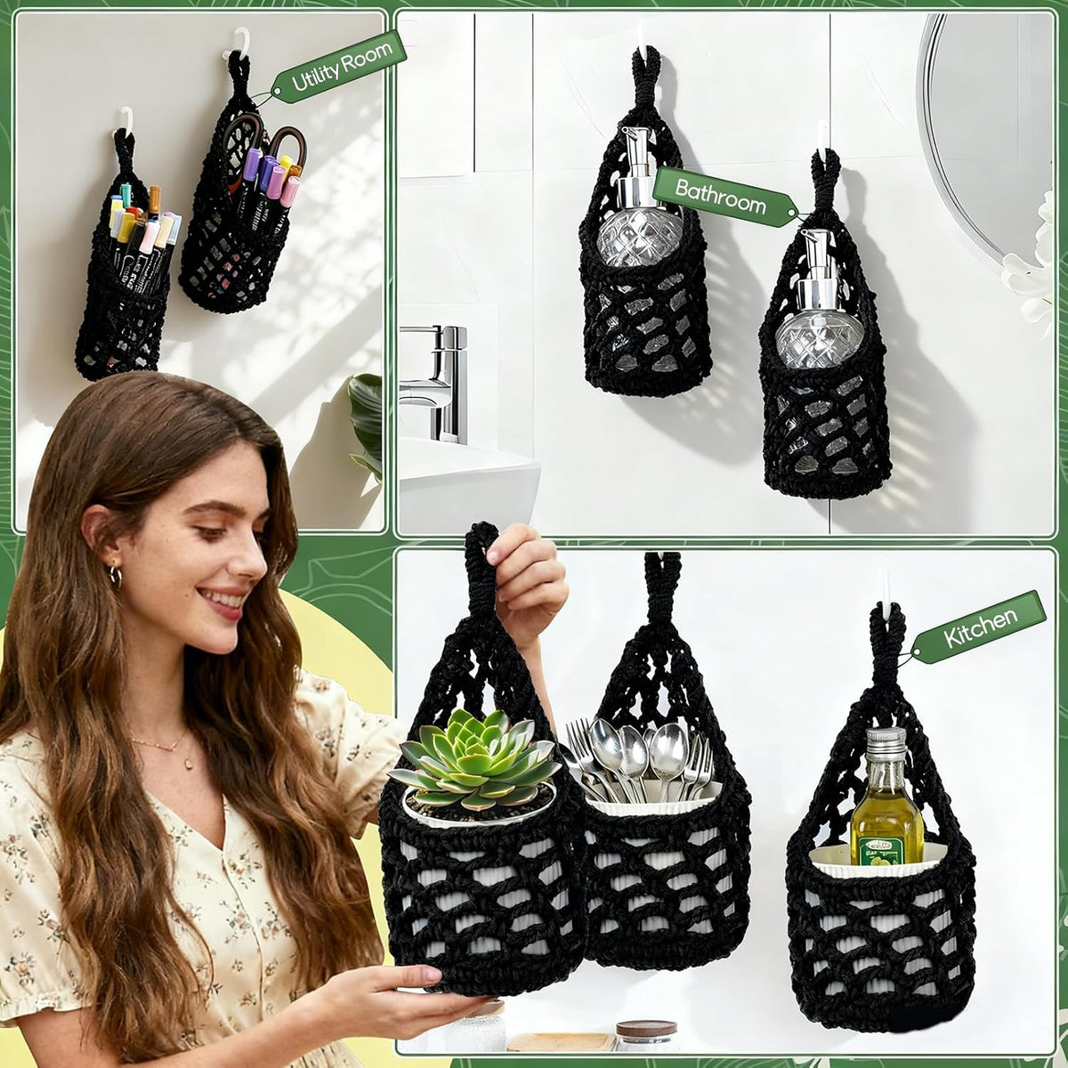 Macrame Wall Plant Hanger, Small Hanging Planter Basket Holder, Wall Planters for Indoor Plants, for Up to 4 Inch Pot (Black, 4-Inch)