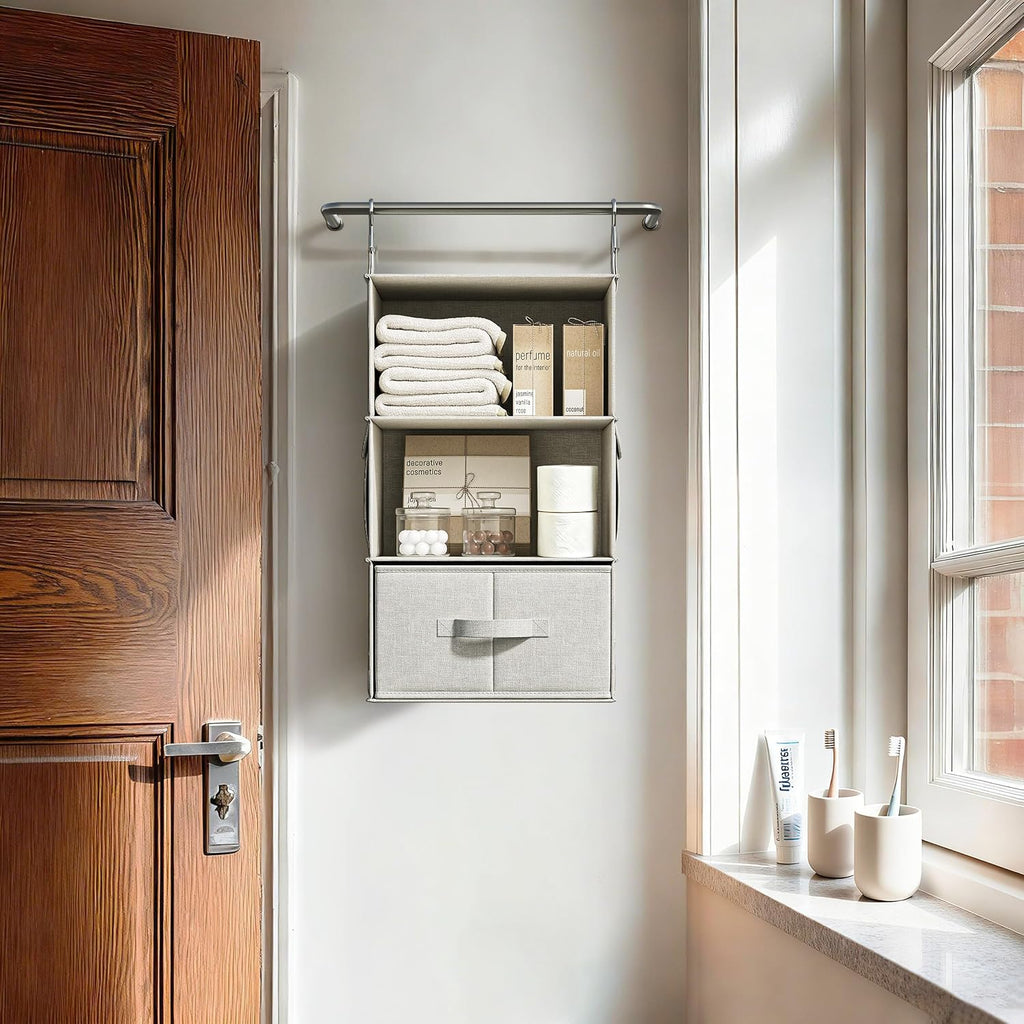 2 Pack 3-Shelf Hanging Closet Organizer with 2 Drawers, Silver Gray