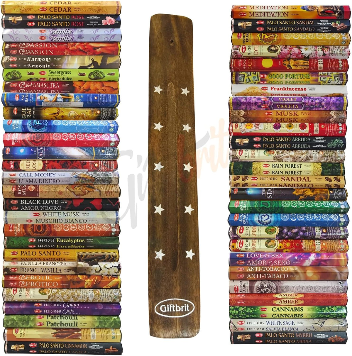 Hem Incense Sticks Variety Pack - 15 Fragrances (300 Sticks Total) - Sandalwood, Lavender, White sage & More - 1 x Giftbrit Holder - Long-Lasting Aromatherapy for Meditation, Yoga, Relaxation