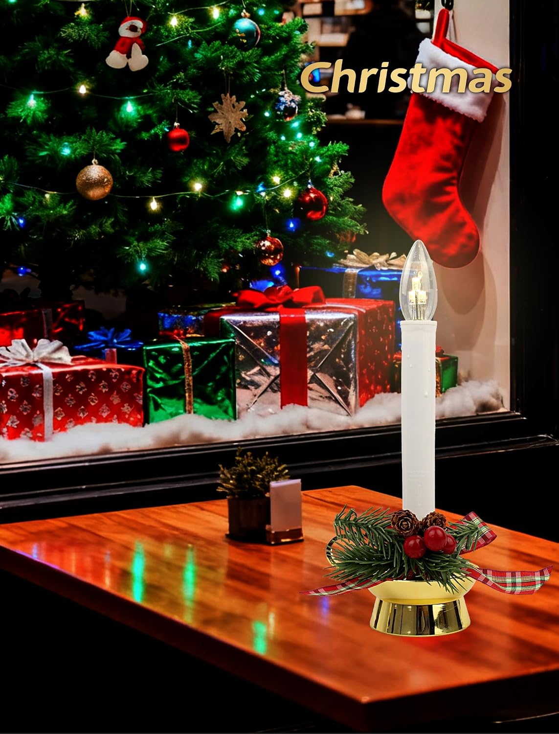 4PK Christmas Window Candle with Timer, 10inch LED Golden Chamberstick