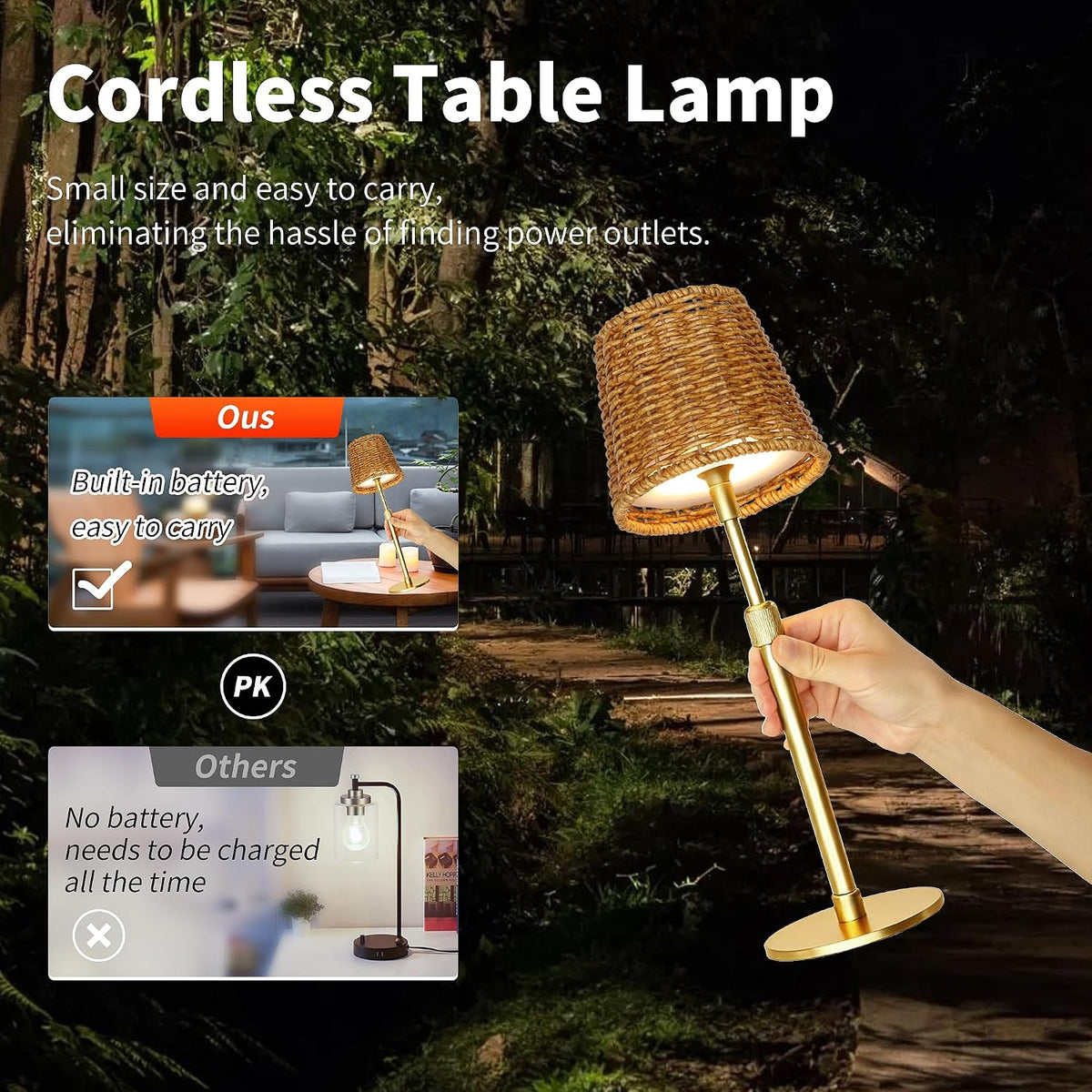 Mr.White Outdoor Waterproof Rechargeable Cordless Table Lamp with Wicker Shade, 5200mAh Battery Operated Table Light with Telescopic Pole, for Patio Restaurant Kitchen (Gold)