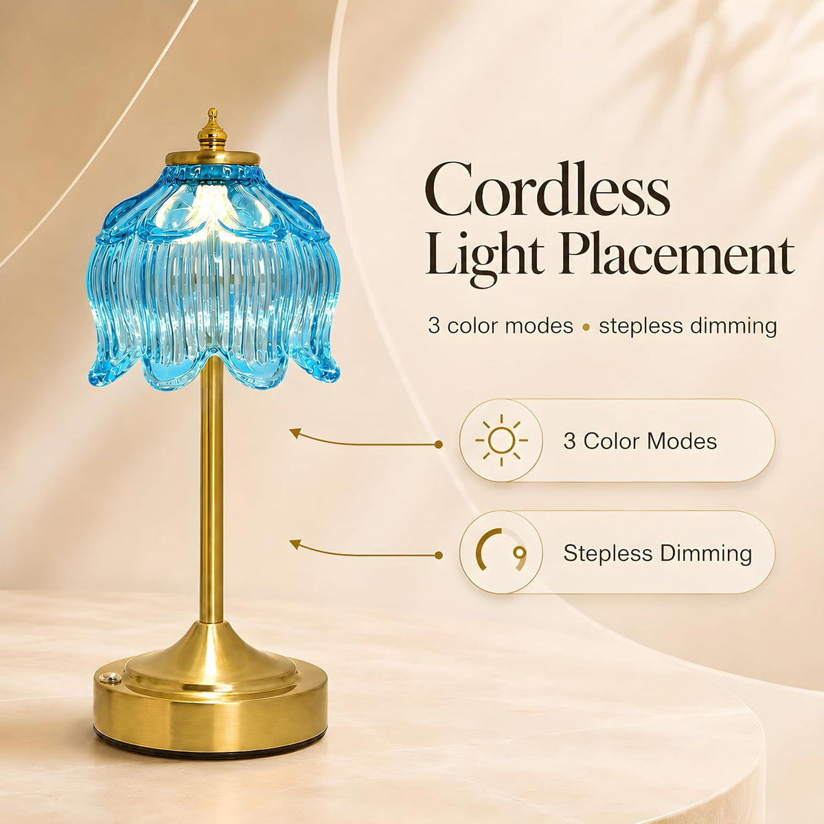 Lotus Flower Table Lamp, Cordless Rechargeable Amber Glass Bedside Lamp | 3600mAh Battery, Touch Control, 3 Color Modes & Stepless Dimming for Bedroom, Nightstand Lake Blue 2PC