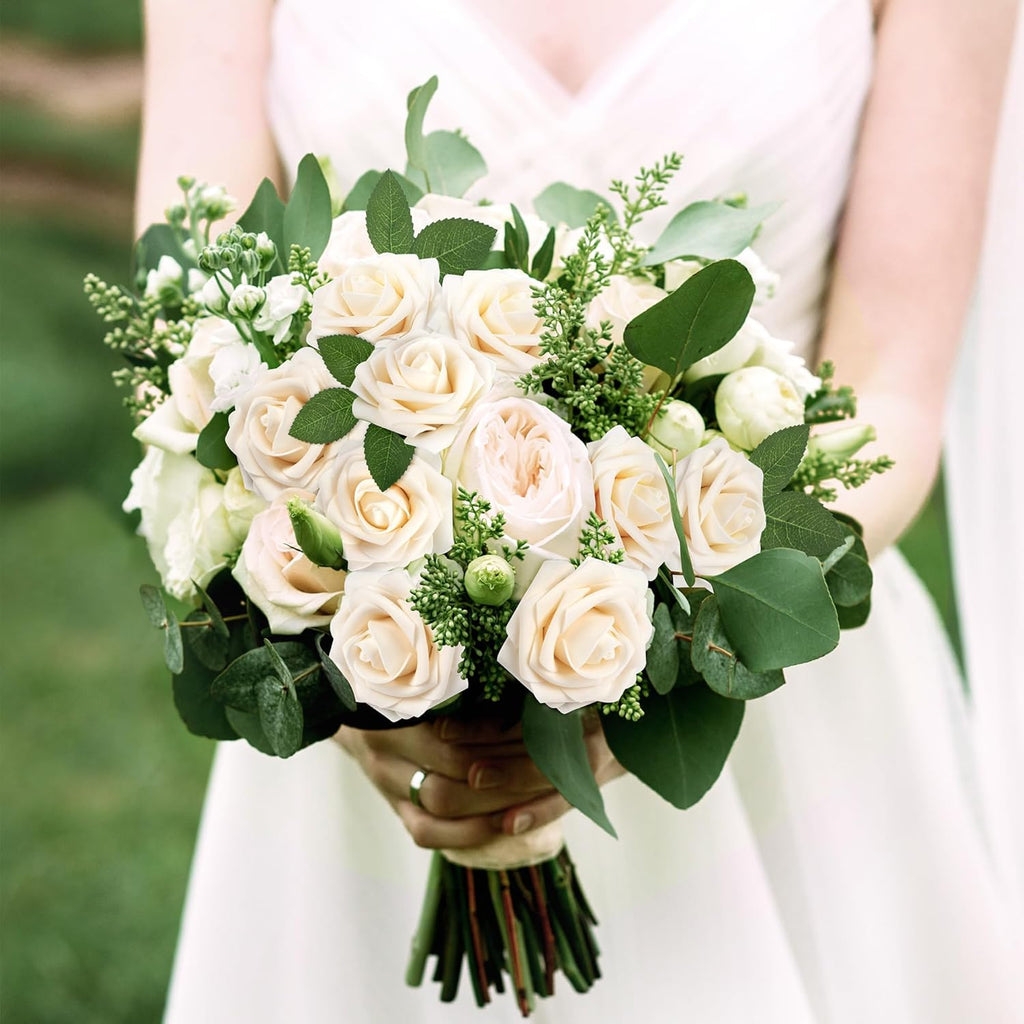Mocoosy 50Pcs Rose Artificial Flowers, Cream White Fake Roses for Decorations, Real Touch Beige Foam Rose Bulk with Stem DIY Wedding Bouquet Bridal Shower Centerpieces Floral Arrangement Table Decor