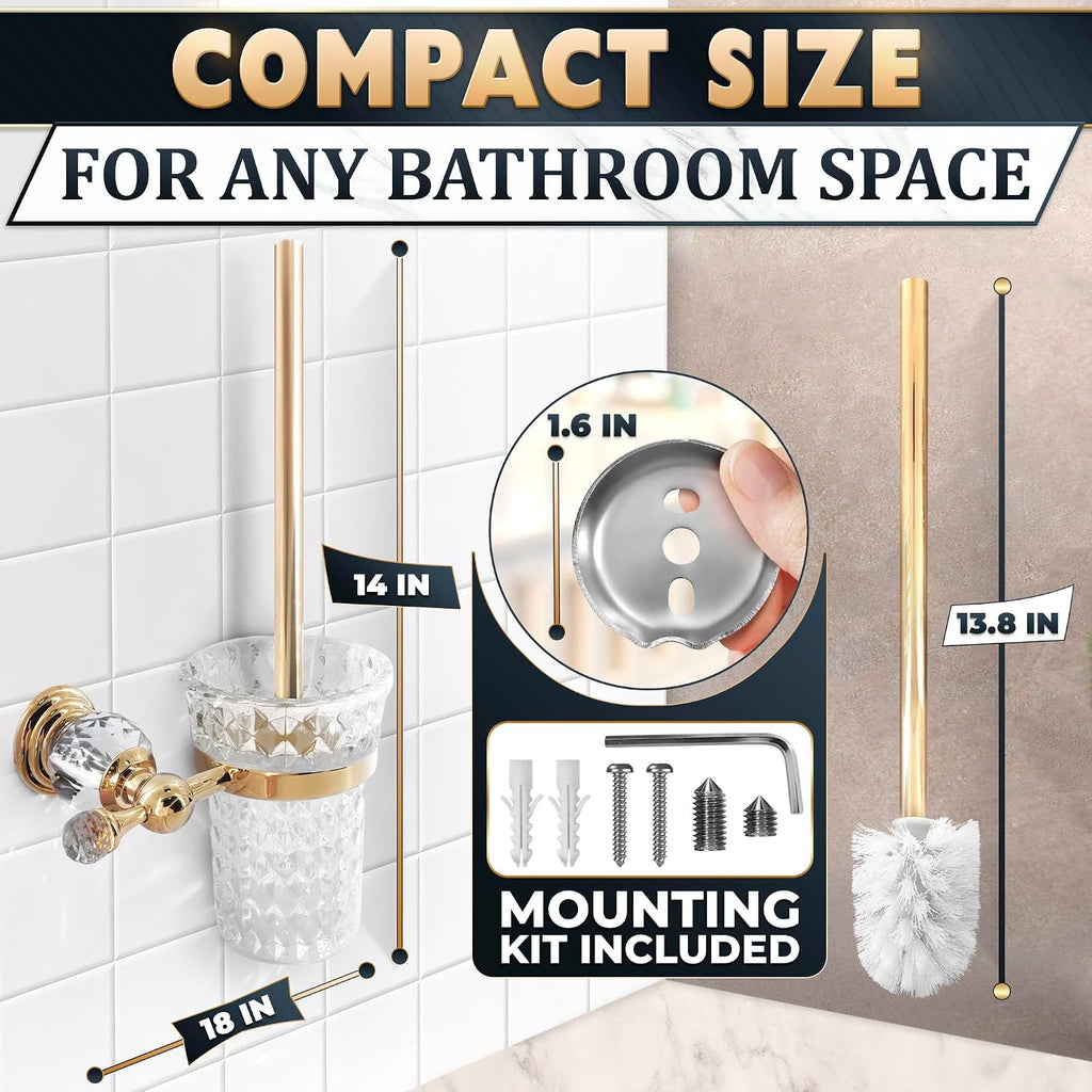 Wall Mounted Toilet Brush and Holder Set, Clear Bowl, 14 in (Gold Crystal)