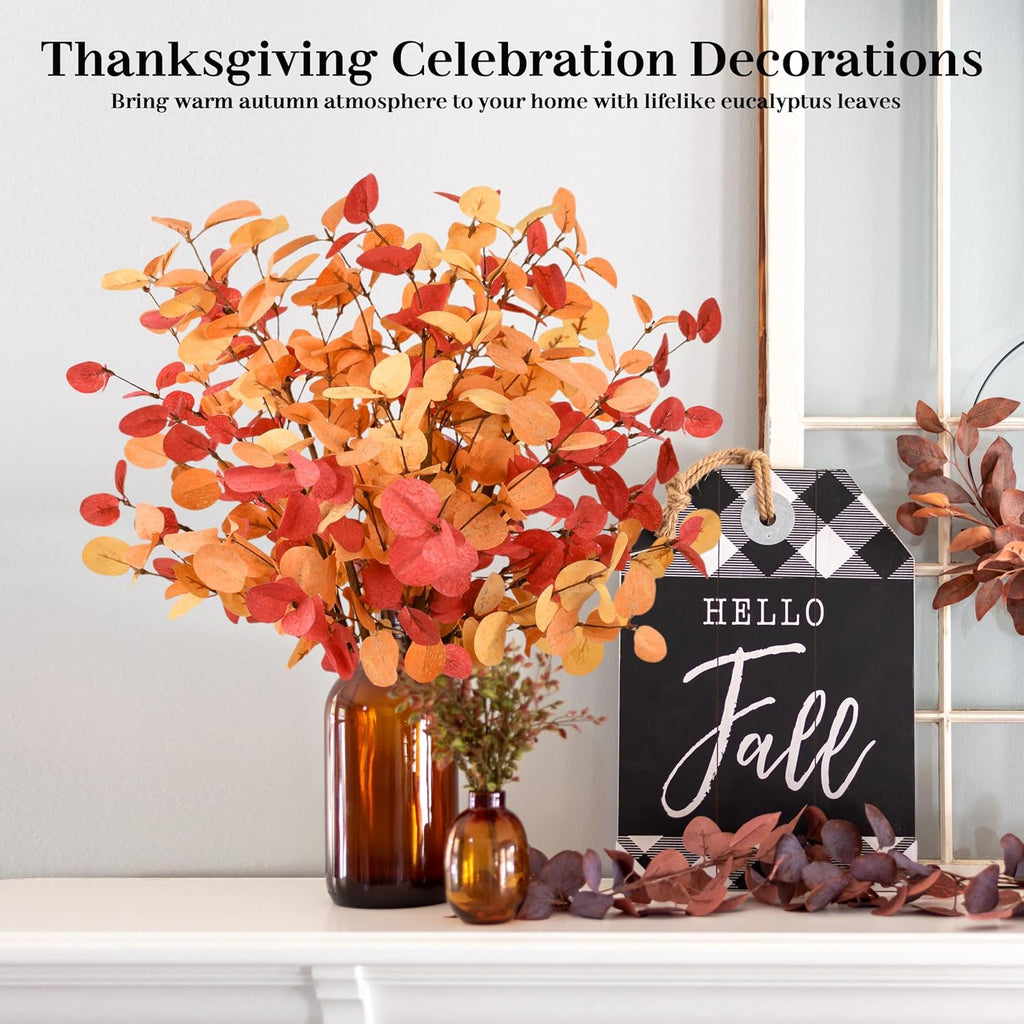 Palonu 6Pcs 24 Inch Artificial Eucalyptus Fall Leaves, Fall Orange Eucalyptus Leaves, Autumn Leaf Branch Faux Fall Decorations for Home Floral Arrangement Autumn Festival Thanksgiving Decor