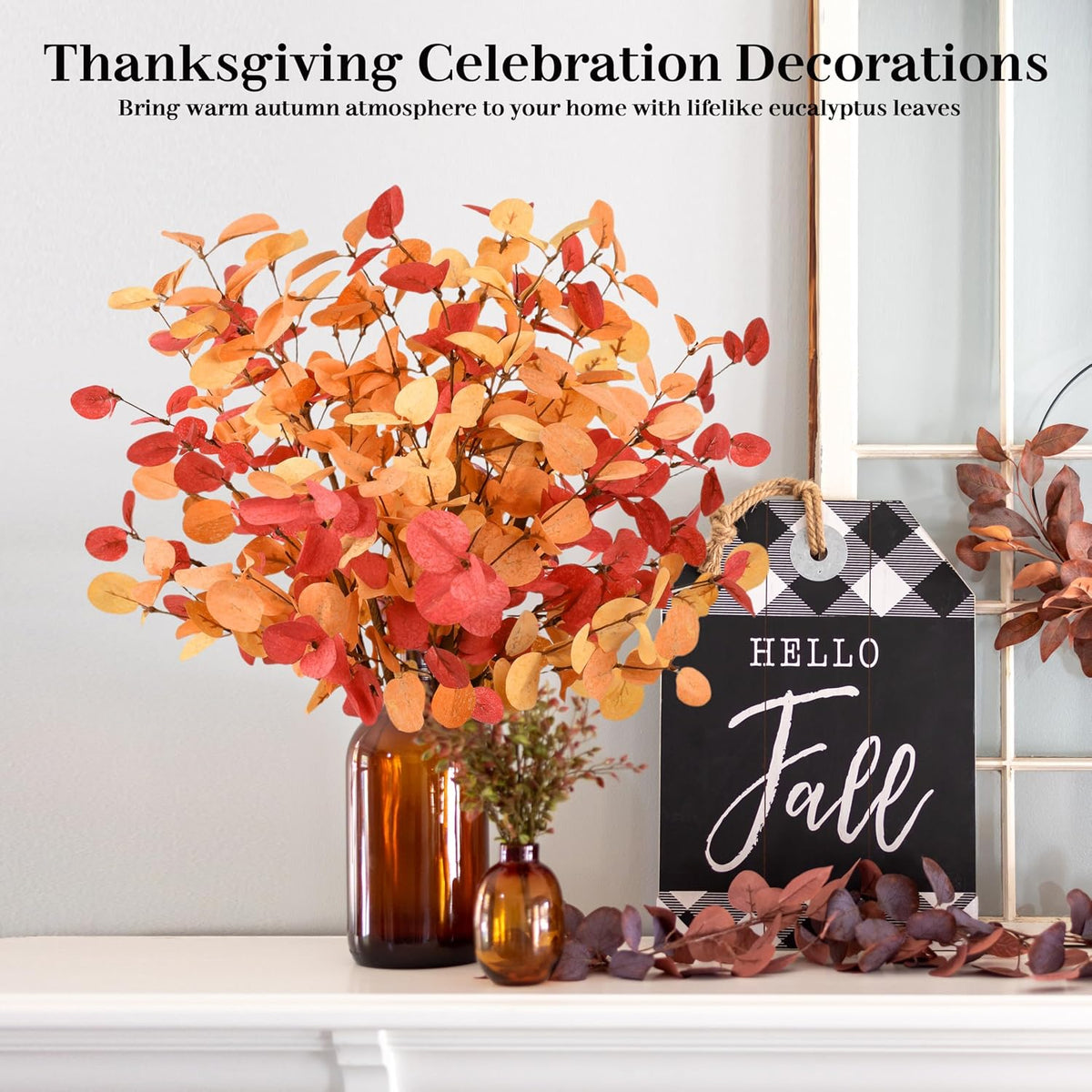 Palonu 6Pcs 24 Inch Artificial Eucalyptus Fall Leaves, Fall Orange Eucalyptus Leaves, Autumn Leaf Branch Faux Fall Decorations for Home Floral Arrangement Autumn Festival Thanksgiving Decor