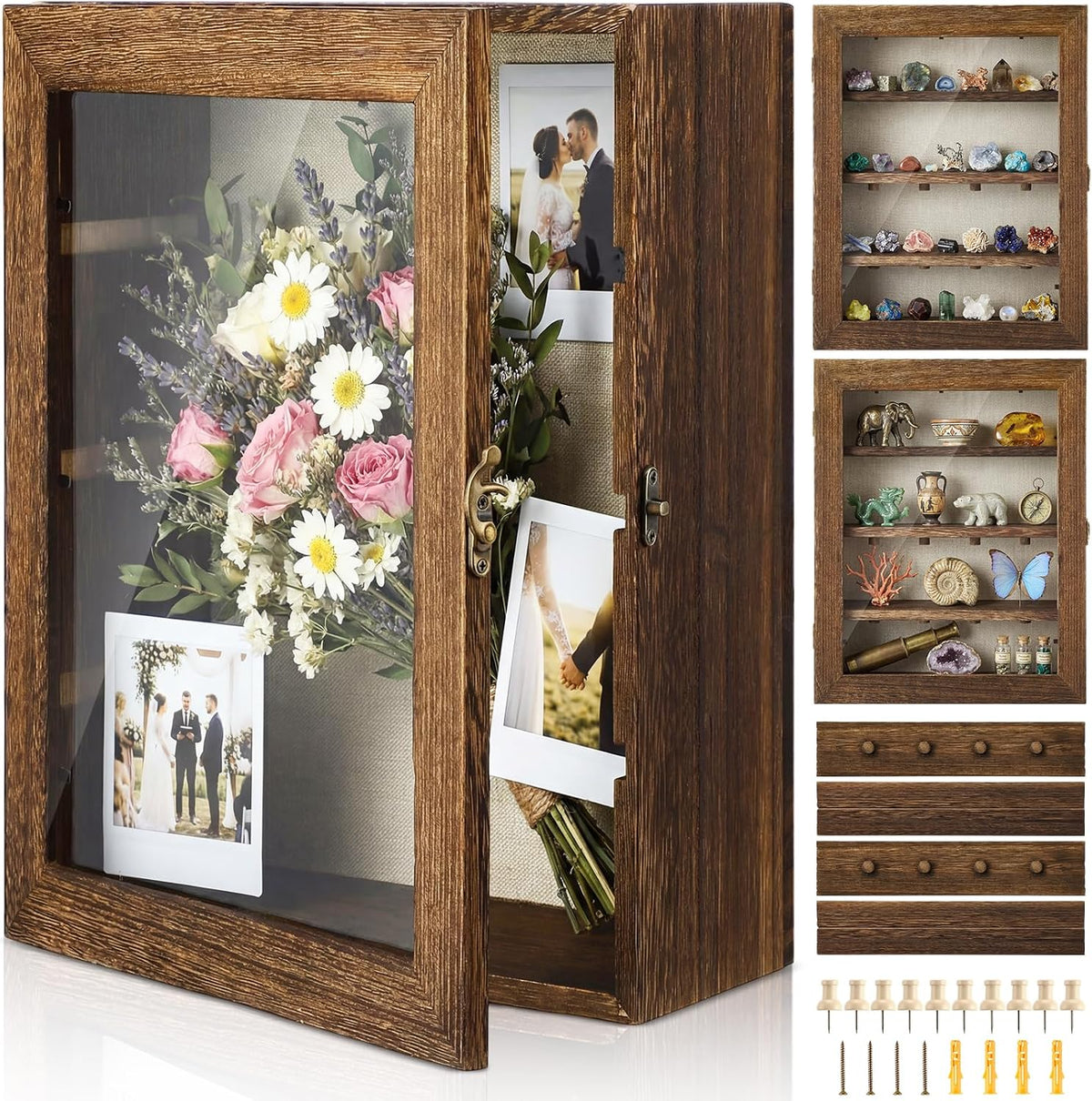Gerrii Shadow Box Display Case 11 x 13 - Deep 5 Inch Wooden Picture Frame with Linen Back, Removable Shelves, Wooden Memory Case for Wedding Bouquets, Photos, Medals & Keepsakes, Brown