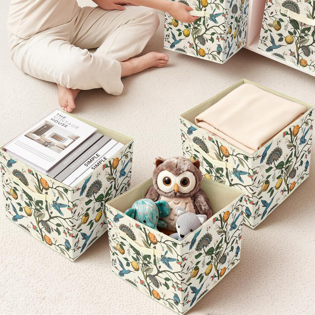 BBSET 6 Pcs Birds Flora Boho Cube Storage Bins 12.5 inch with Handle