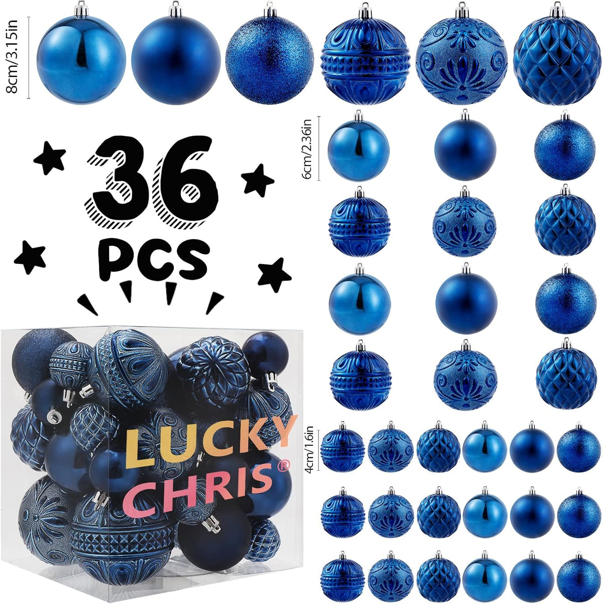 Christmas Ball Ornaments Navy Blue Christmas Tree Decorations with Hang Rope-36pcs Shatterproof Christmas Ornaments Set with 6 Styles in 3 Sizes(Small Medium Large)