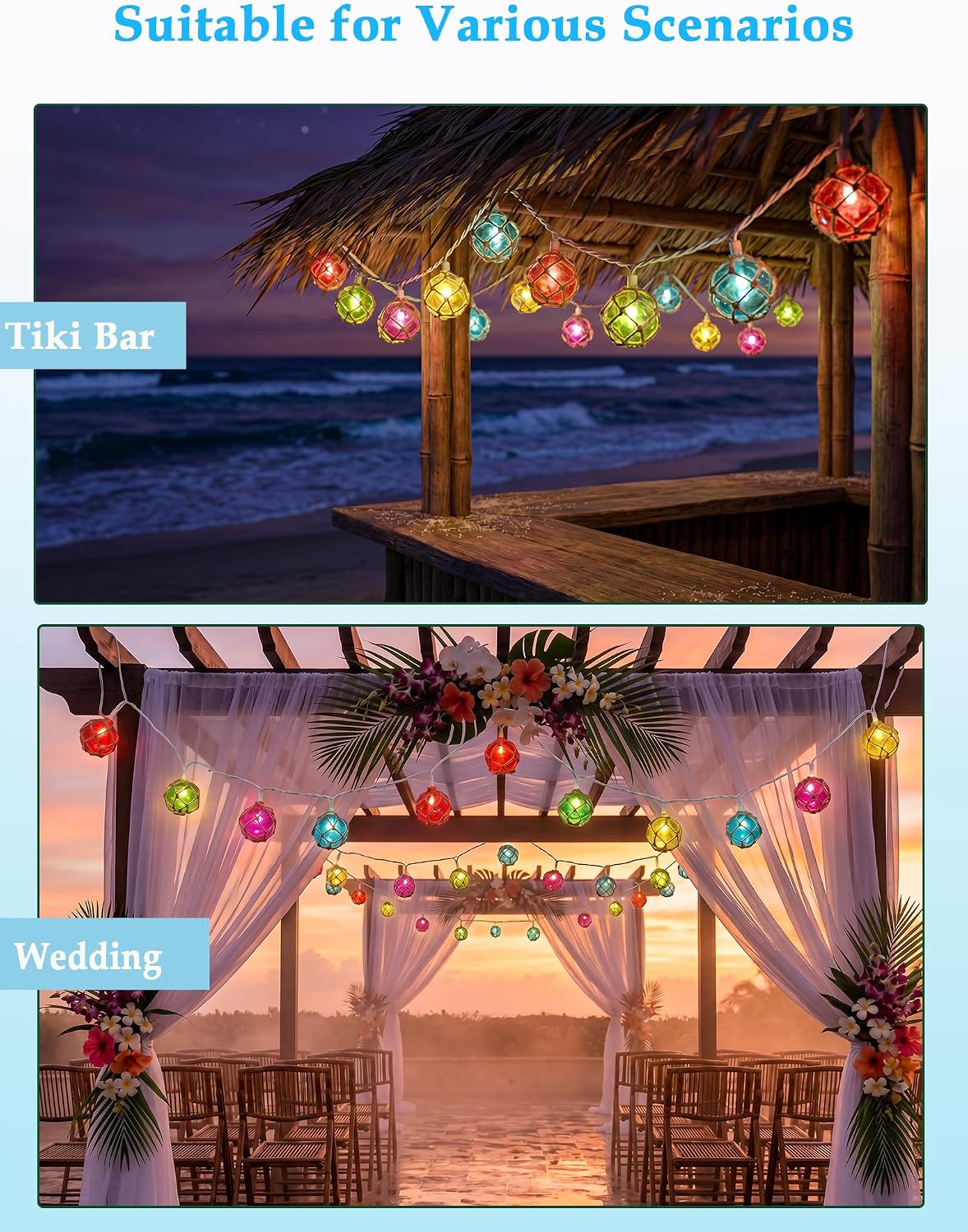 Oviejo 8.5FT LED Tiki Bar String Lights, 10 Multicolor Patio Lights Plug in