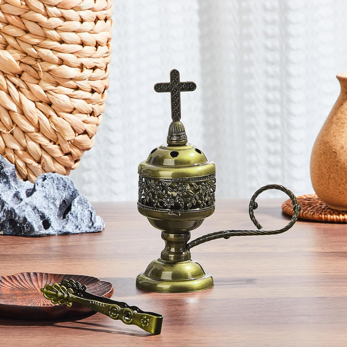 Zonon 2 Sets Incense Burner with Tong, Bronze, Classic