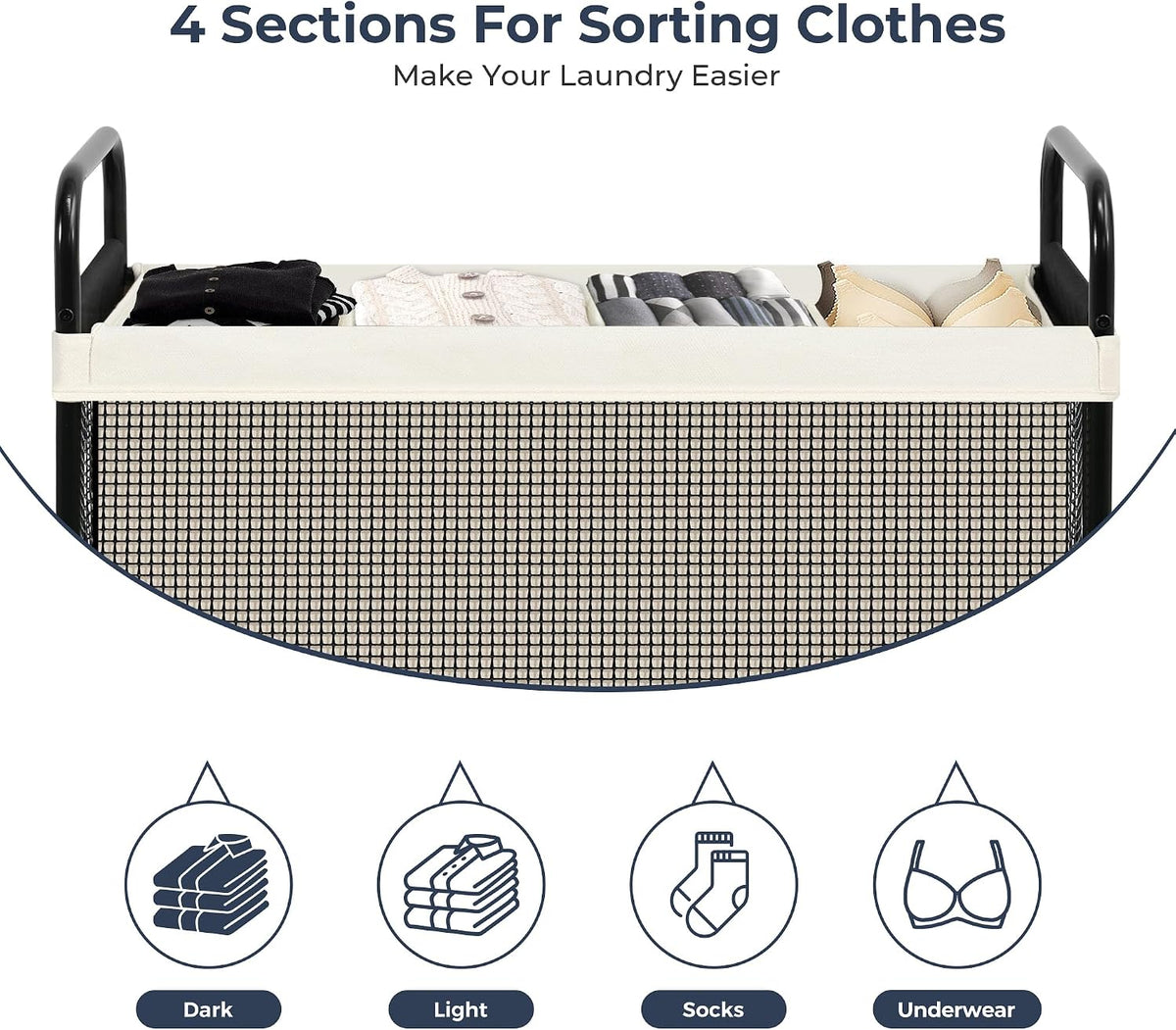 STO STO Laundry Hamper 4 Section, 140L Rolling Laundry Sorter Cart with Removable and Washable Liner Bag, Clothes Hamper with Wheels and Metal Handle for Laundry Room and Bedroom, Beige
