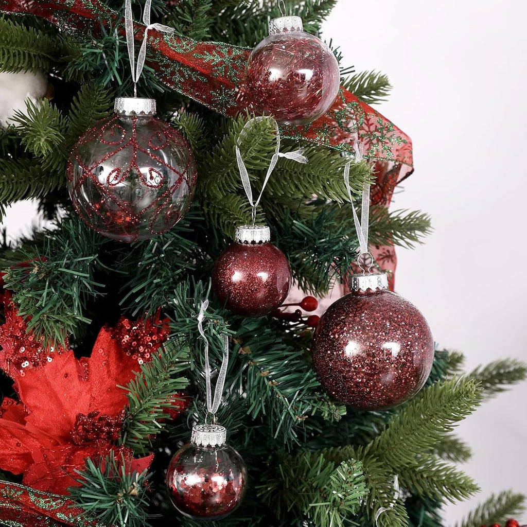 Wironlst Christmas Ball Ornaments Shatterproof Clear Large Plastic Hanging Ball Decorative Baubles Set with Stuffed Delicate Decorations (Multi-Siz, Burgundy)