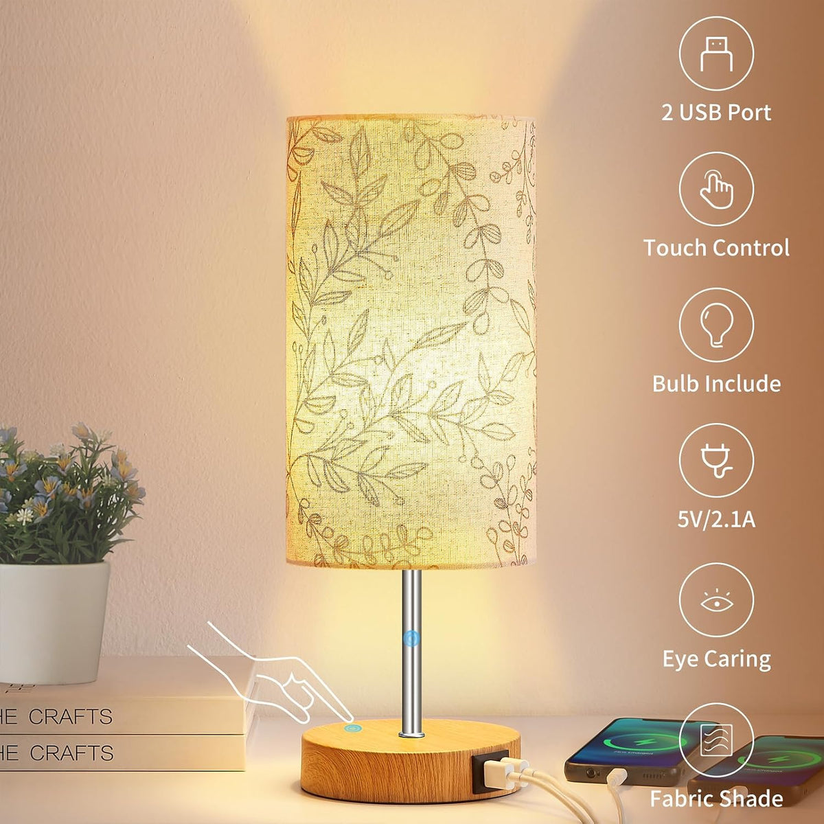Bedside Touch Lamp, Wood Small Table lamp for Bedroom with 2 USB Charging Ports & Flower Fabric Shade, 3-Way Dimmable Nightstand Lamps for Living Room Office Reading Desk Home Dorm(LED Bulb Included)