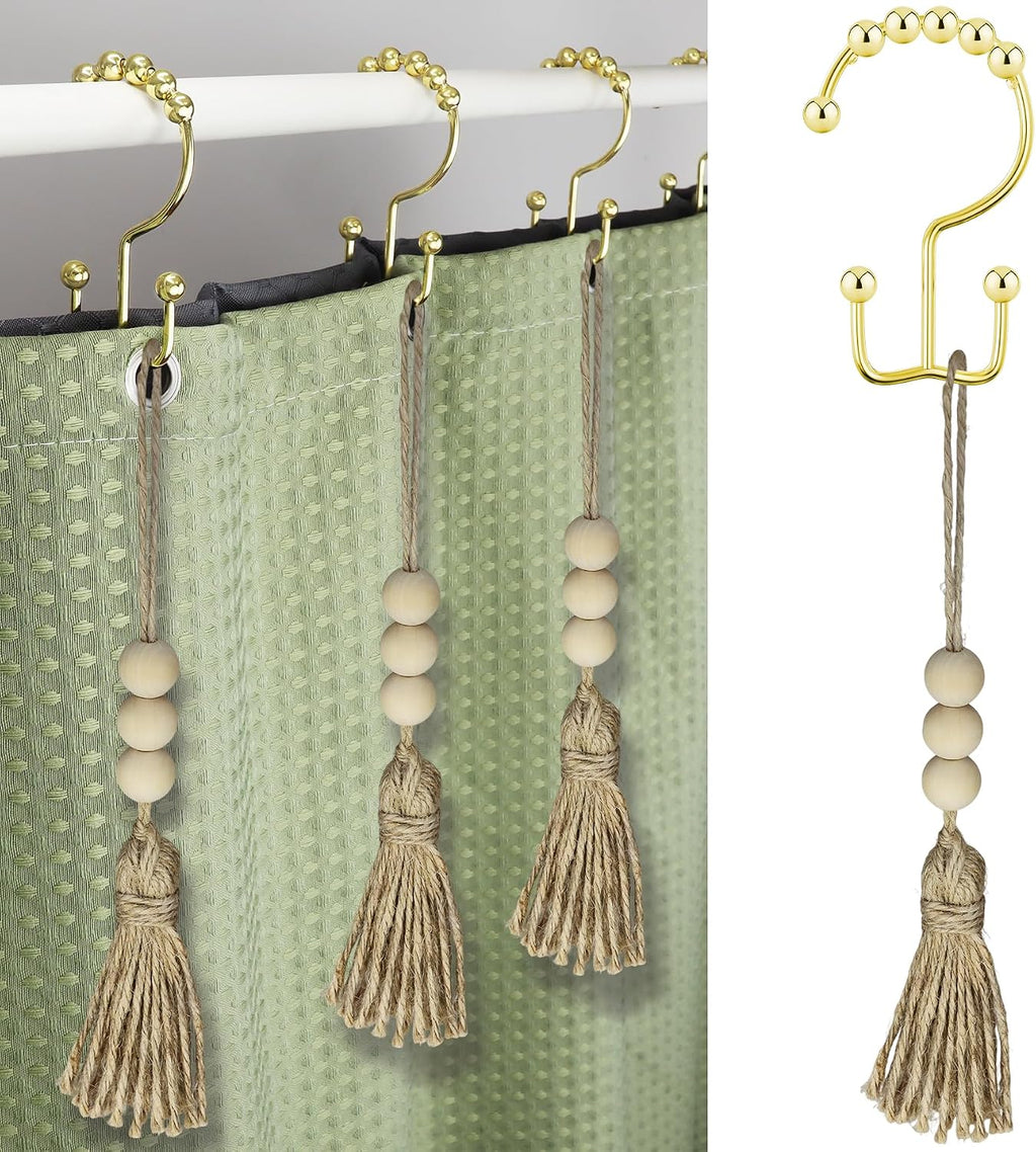 Boho Shower Curtain Hooks Rings for Bathroom Decor, 12PCS Nautical Decorative Gold Stainless Steel Rust Resistant Balance Sliding Double Curtains Hooks（Gold with Tassels）