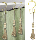 Boho Shower Curtain Hooks Rings for Bathroom Decor, 12PCS Nautical Decorative Gold Stainless Steel Rust Resistant Balance Sliding Double Curtains Hooks（Gold with Tassels）