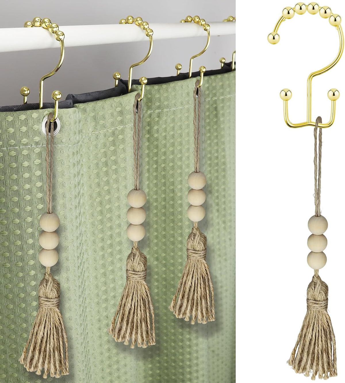Boho Shower Curtain Hooks Rings for Bathroom Decor, 12PCS Nautical Decorative Gold Stainless Steel Rust Resistant Balance Sliding Double Curtains Hooks（Gold with Tassels）