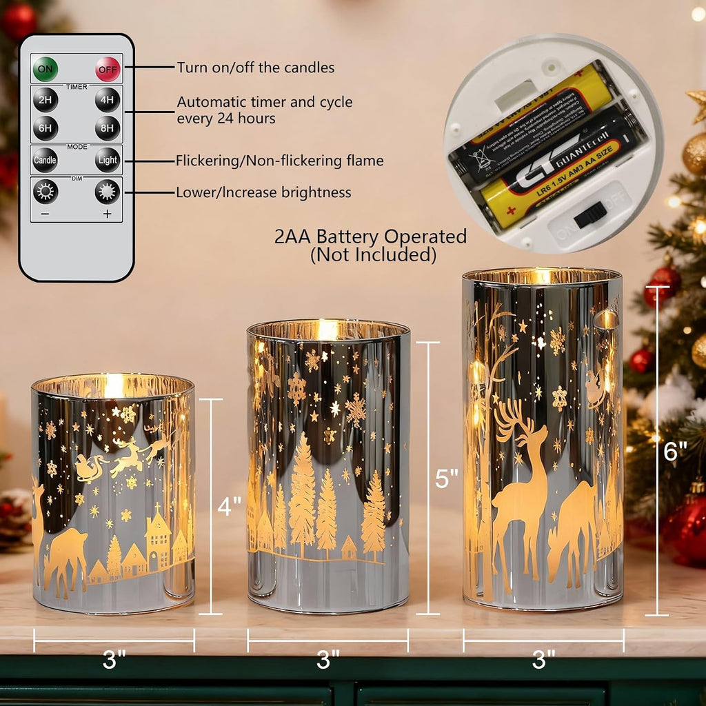 Silver Christmas Flameless Candles Battery Operated Remote Timer