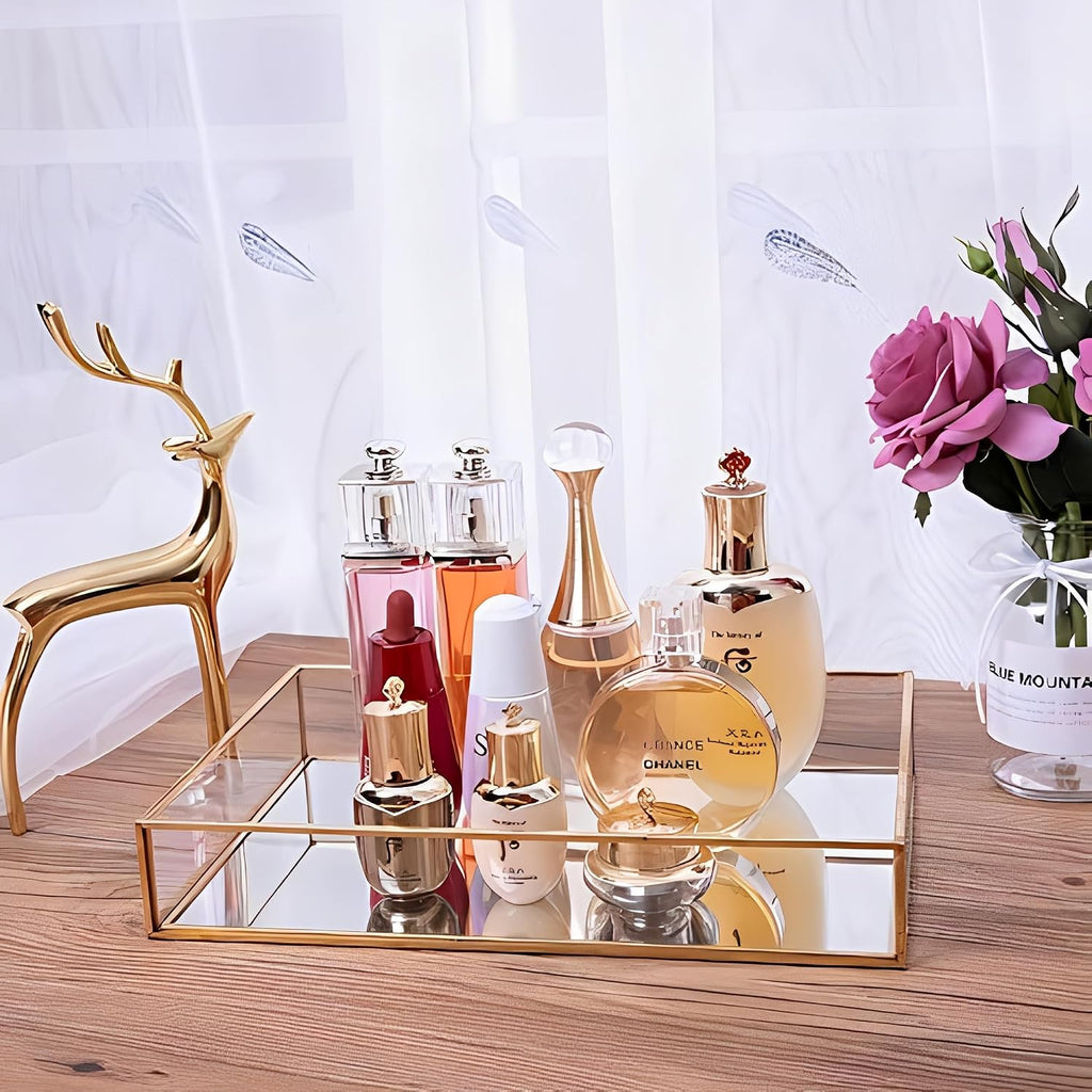 Sooyee Gold Square Mirror Tray, 8"x8" Metal and Glass Decorative Tray for Jewelry, Perfume, Makeup, Vanity, Dresser, Bathroom, Bedroom, Office, Coffee Table