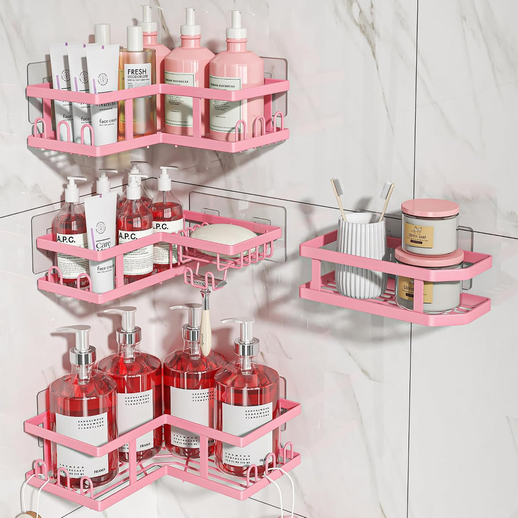 Youvip 4-Pack Adhesive Corner Shower Caddy with Soap Holder, No Drilling Wall Mounted Shower Shelves-Rustproof, Organizer for Bathroom, Kitchen & Home Decor. Pink