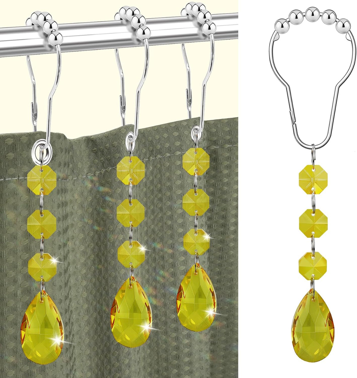 Shower Curtain Hooks Rings for Bathroom, 12PCS Gemstone Crystal Bead Water Drop Stainless Steel Rust Resistant Clear Shower Curtain Rings (Yellow)
