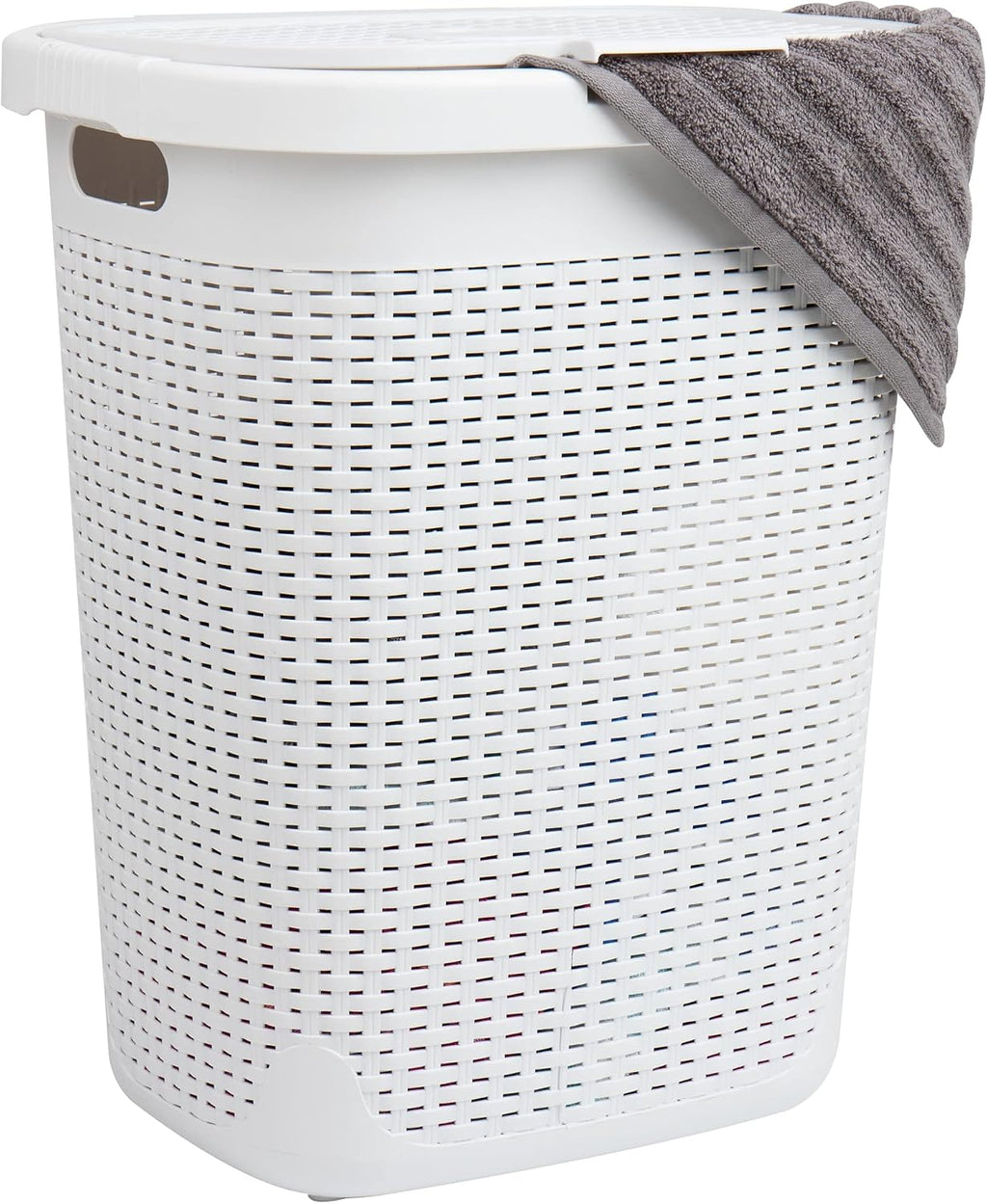 Mind Reader Slim Laundry Hamper with Lid, 50L Clothes Basket, Premium Wicker Design, Plastic, White