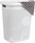 Mind Reader Slim Laundry Hamper with Lid, 50L Clothes Basket, Premium Wicker Design, Plastic, White