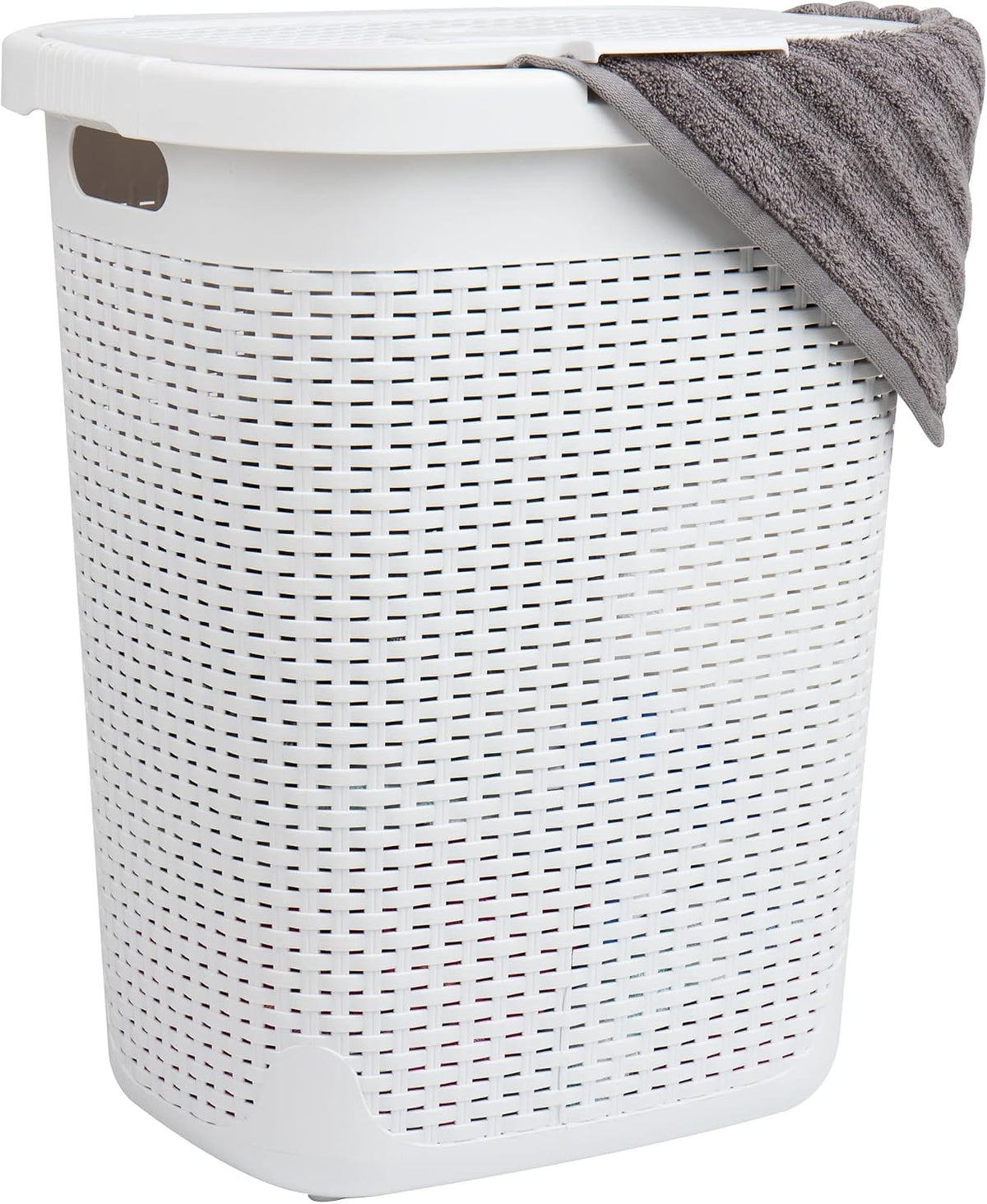 Mind Reader Slim Laundry Hamper with Lid, 50L Clothes Basket, Premium Wicker Design, Plastic, White
