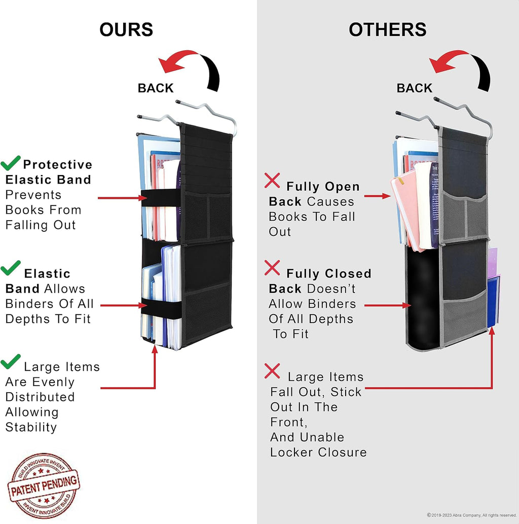 ABRA® 2 Shelf Hanging Locker Organizer for School, Work, Gym, Storage | Deep Shelves 6.5”x 9”| Eco-Friendly Fabric Healthy for Children (Black/Red)