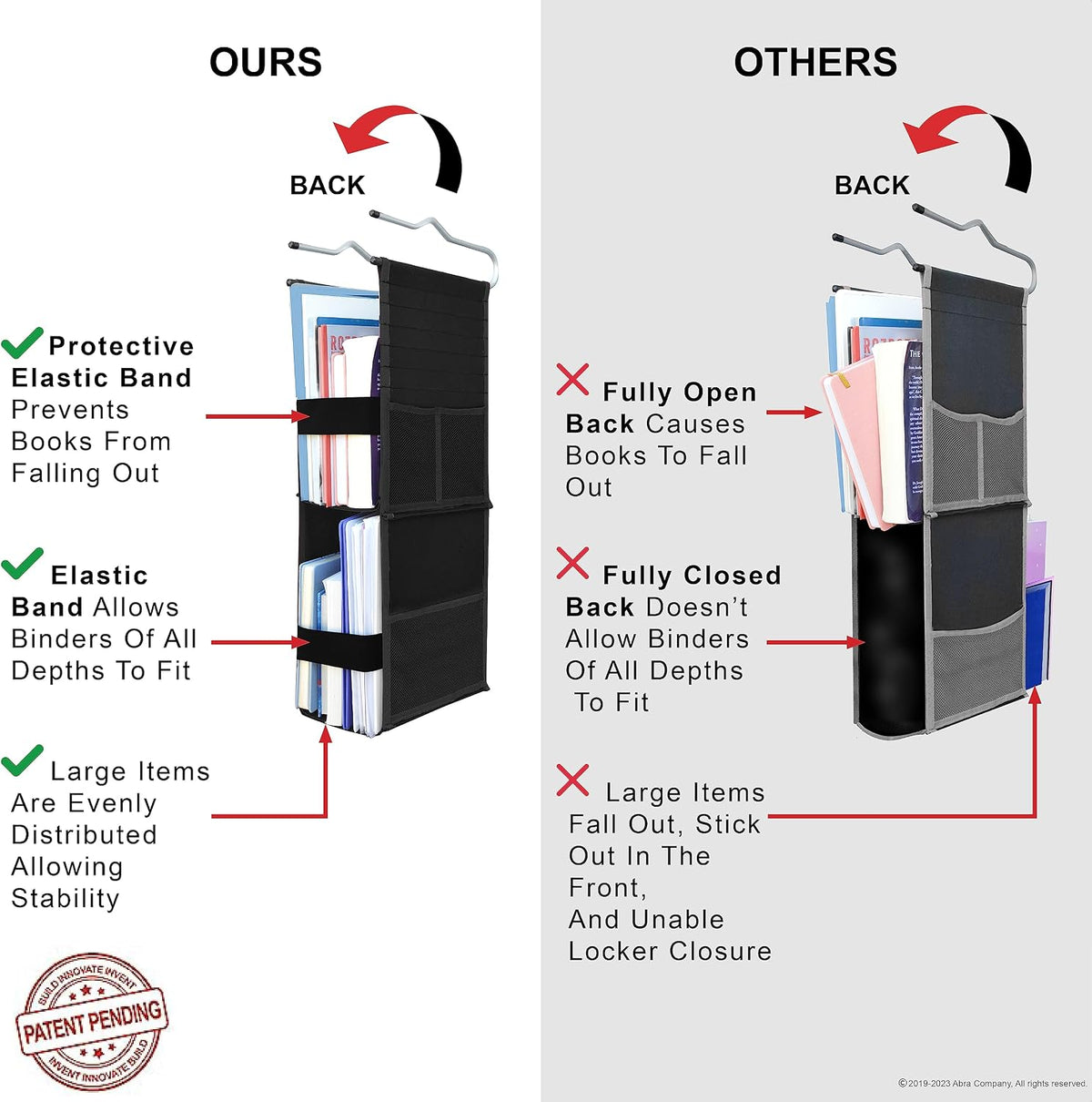 ABRA® 2 Shelf Hanging Locker Organizer for School, Work, Gym, Storage | Deep Shelves 6.5”x 9”| Eco-Friendly Fabric Healthy for Children (Black/Red)