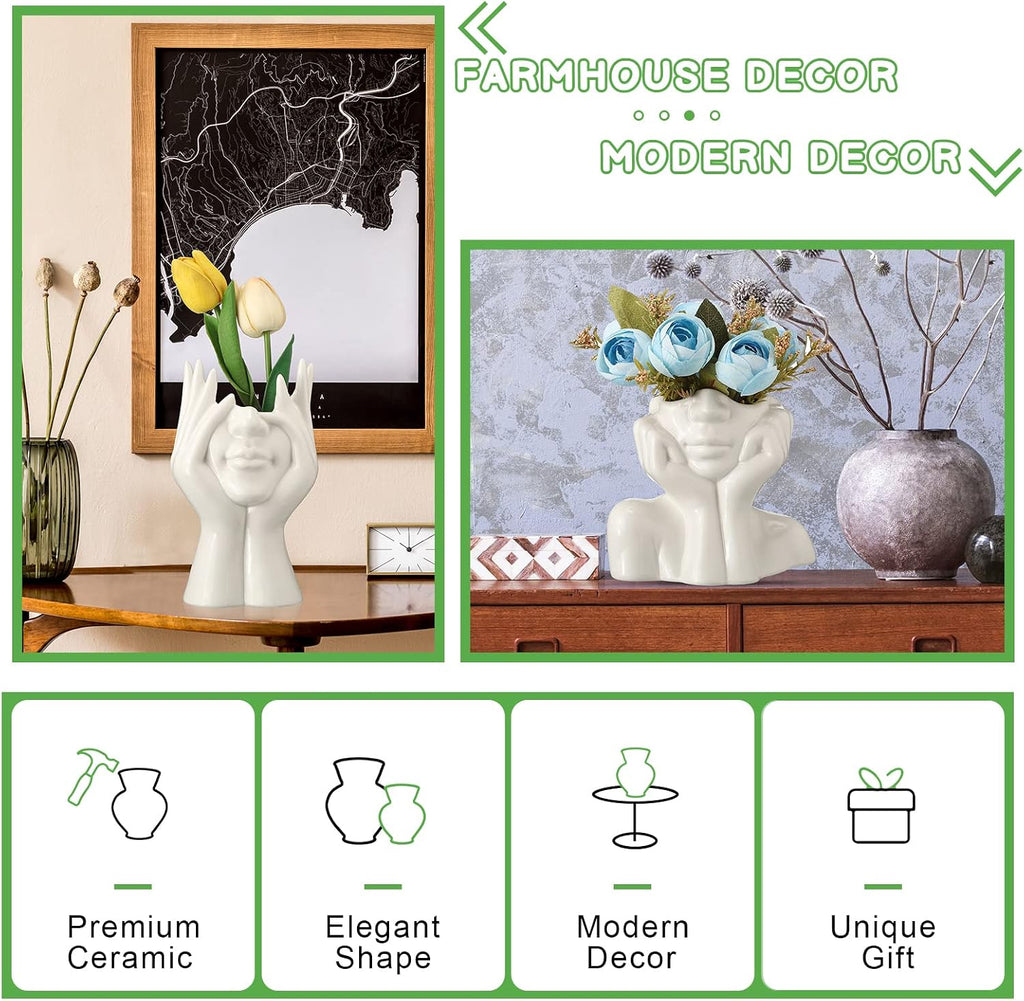 Sieral 3 Pcs Ceramic Face Vase Female Form Body Flower Vase, Large, White