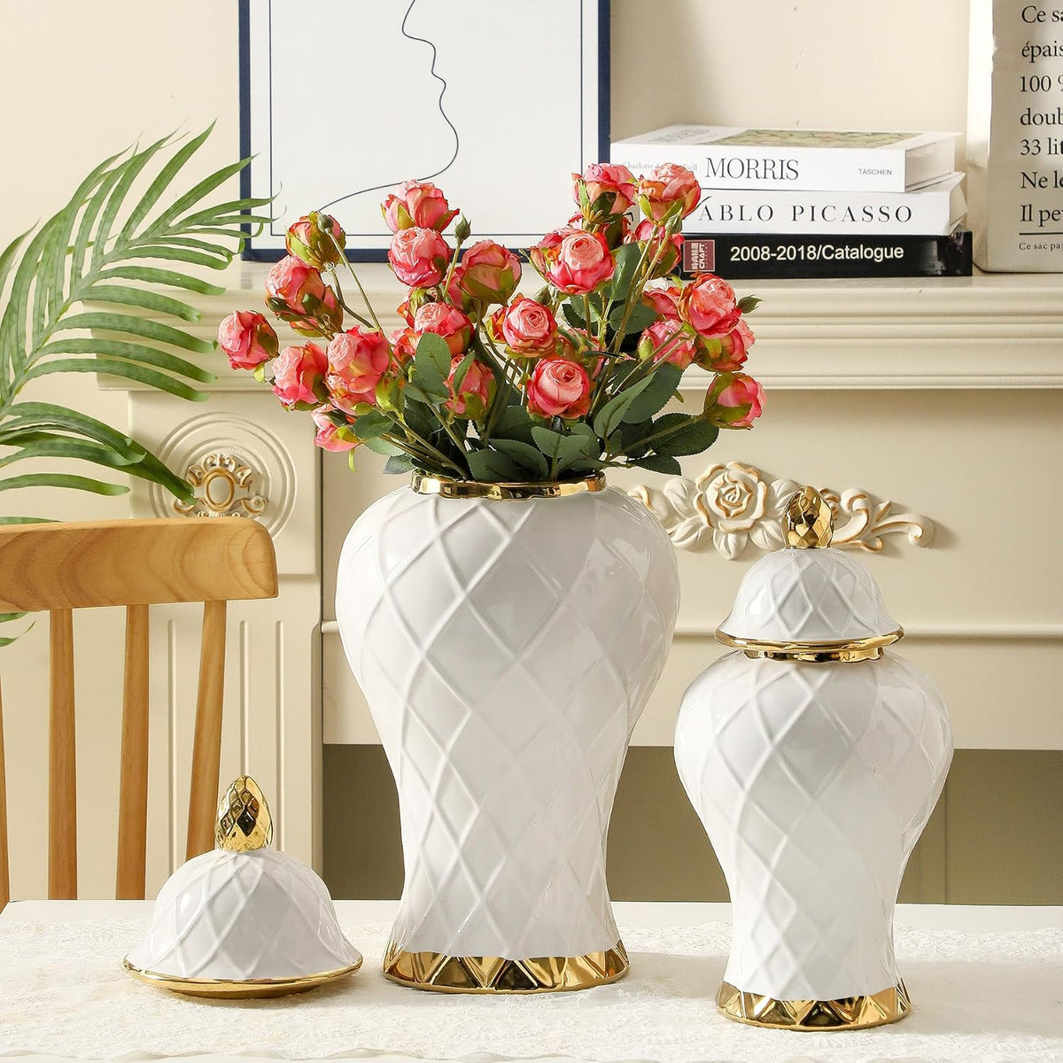 Ginger Jars for Home Decor, White and Gold Vase, Decorative Ceramic Ginger jar with lid, Porcelain Flower Vase for Centerpieces Jarrones, Storage jar, Table Center Vase, Temple Jar(14in)