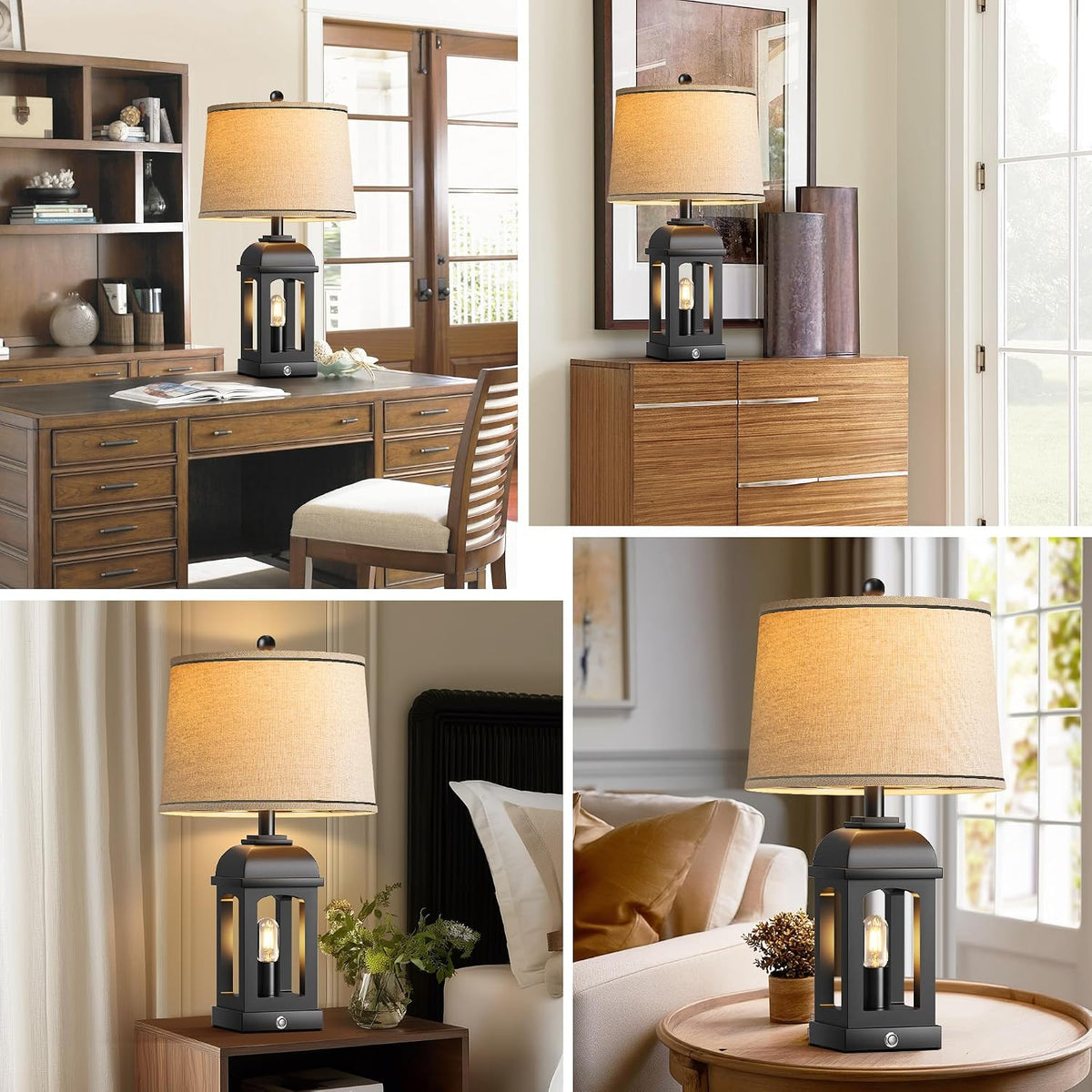 QiMH Table Lamp for Living Room, Farmhouse Lamps Set of 2 with USB A+C and Nightlight, 26" Rustic Bedside Lamps with 3-Way Dimmable Touch Control, Nightstand Lamp for Bedroom Decor, Black